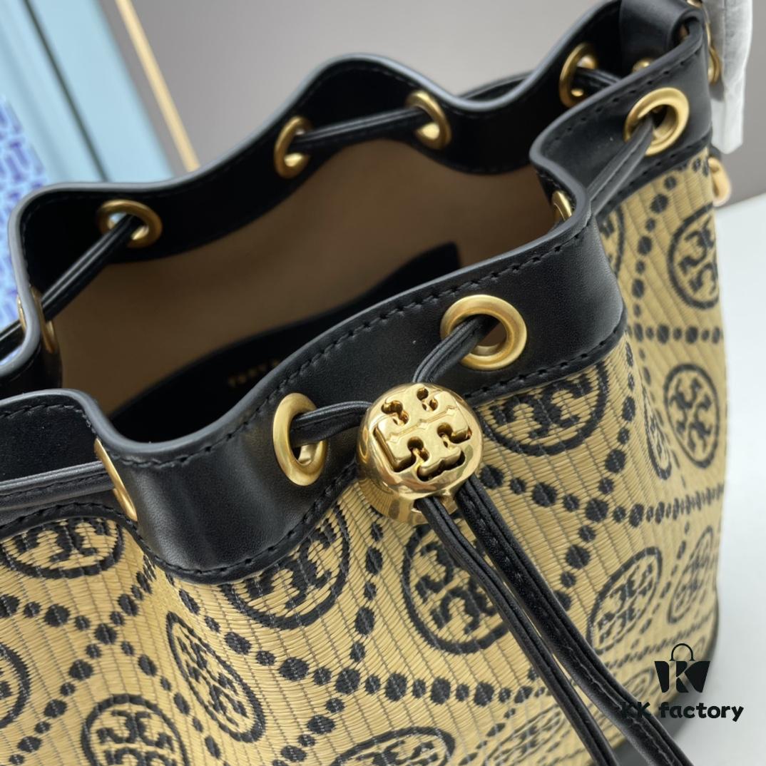 6930afc26e68136f4d9ad4c2 Large TORY BURCH Monogram Drawstring Bucket Bag, Navy Blue Canvas Fabric with Vintage Jacquard Detail, 2021 Summer Collection