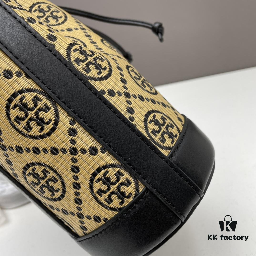6930afc36e68136f4d9ad4c6 Large TORY BURCH Monogram Drawstring Bucket Bag, Navy Blue Canvas Fabric with Vintage Jacquard Detail, 2021 Summer Collection