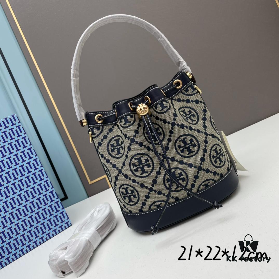 6930afc86e68136f4d9ad4ce Large TORY BURCH Monogram Drawstring Bucket Bag in Navy Blue Canvas – 2021 Summer Collection