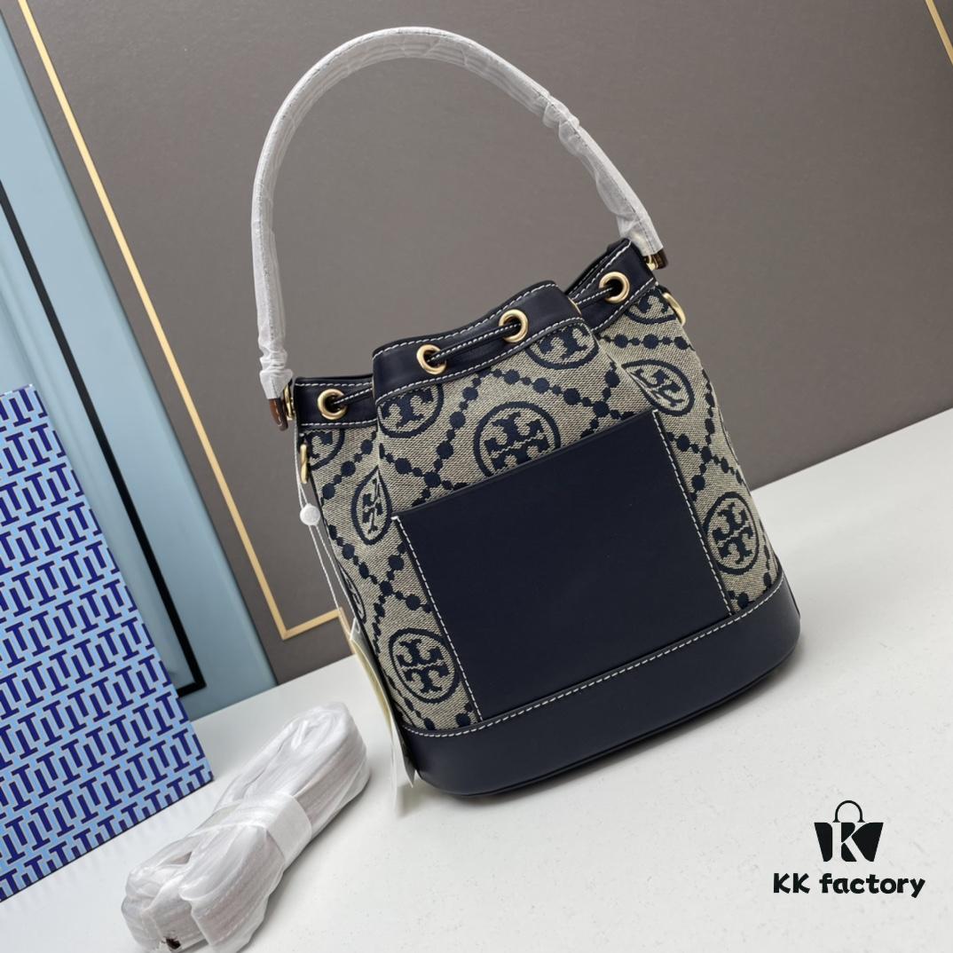 6930afc86e68136f4d9ad4cf Large TORY BURCH Monogram Drawstring Bucket Bag in Navy Blue Canvas – 2021 Summer Collection