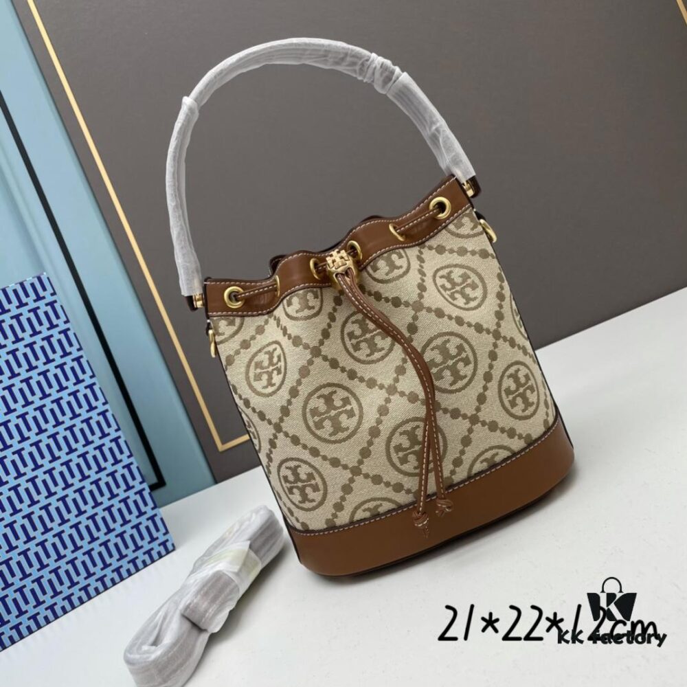 6930afcb6e68136f4d9ad4d7 Large TORY BURCH Monogram Drawstring Bucket Bag, Navy Blue Canvas with Vintage Jacquard Trim – 2021 Summer Collection