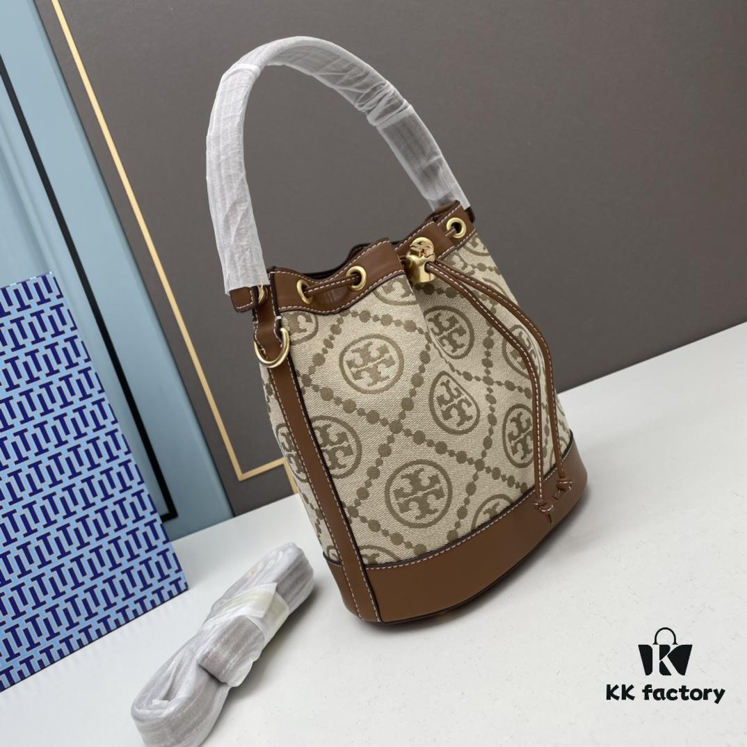 6930afcb6e68136f4d9ad4d8 Large TORY BURCH Monogram Drawstring Bucket Bag, Navy Blue Canvas with Vintage Jacquard Trim – 2021 Summer Collection
