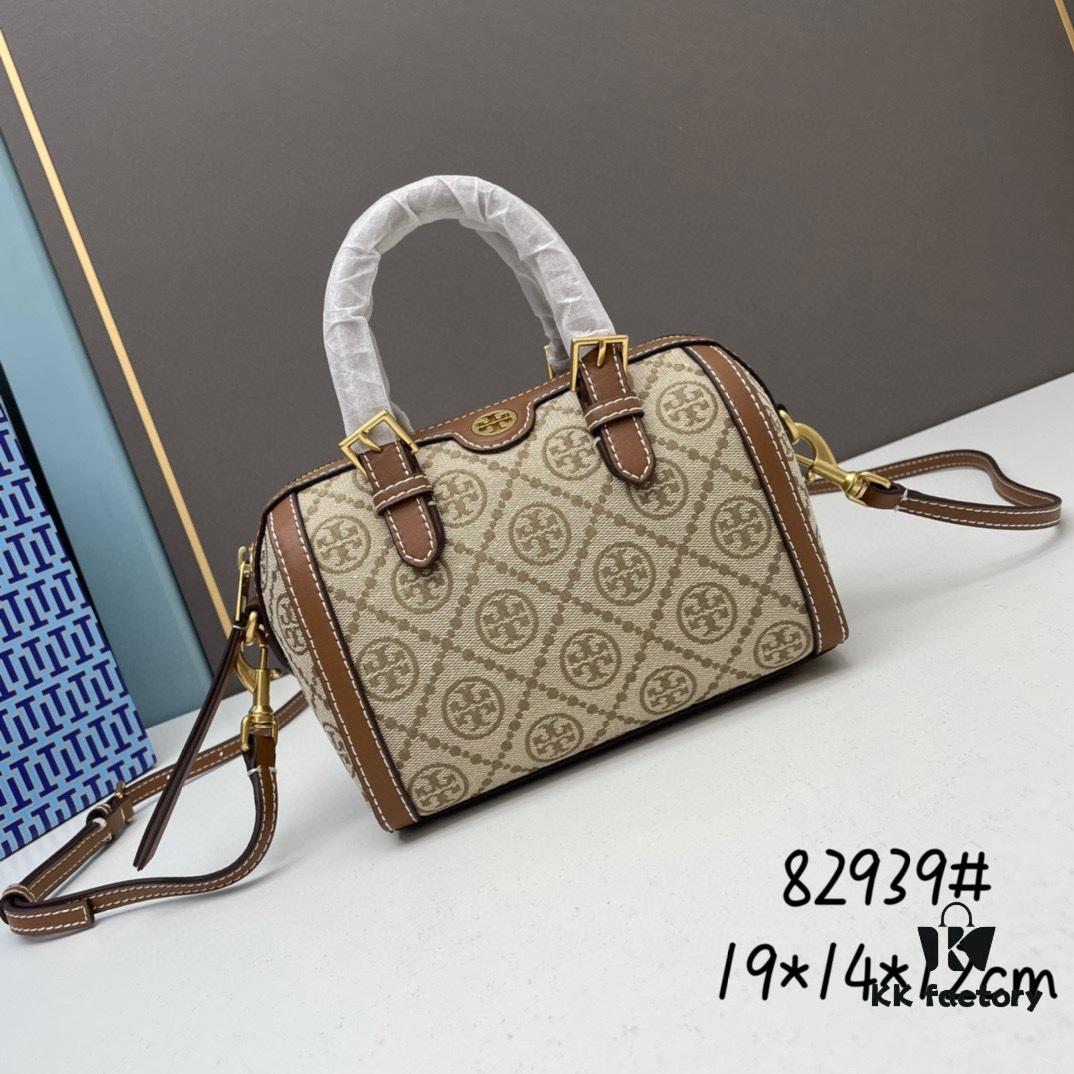 6930afd06e68136f4d9ad4e1 TORY BURCH T Monogram Mini Jacquard Barrel Bag in Hazelnut Brown