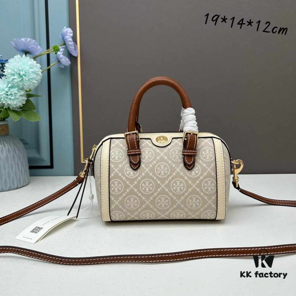 6930afd06e68136f4d9ad4e3 Tory Burch T Monogram Mini Jacquard Barrel Bag in Hazelnut Brown