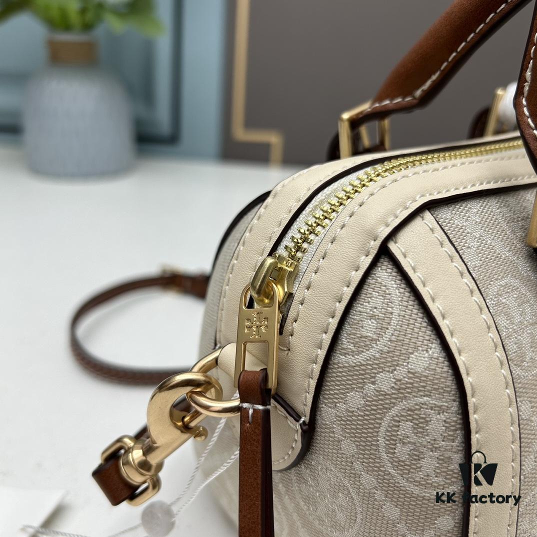 Tory Burch T Monogram Mini Jacquard Barrel Bag in Hazelnut Brown