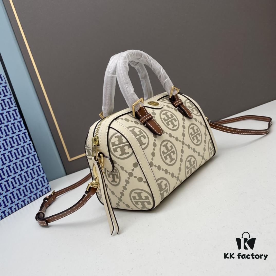 6930afd56e68136f4d9ad4ea Tory Burch T Monogram Mini Jacquard Barrel Bag in Hazelnut Brown - Small Size