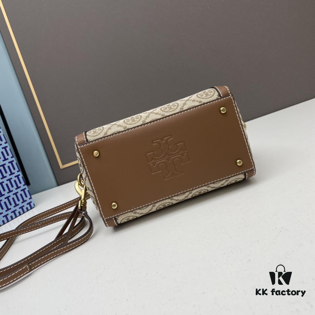 6930afd96e68136f4d9ad4f4 Tory Burch T Monogram Mini Jacquard Barrel Bag in Small, Hazel Brown