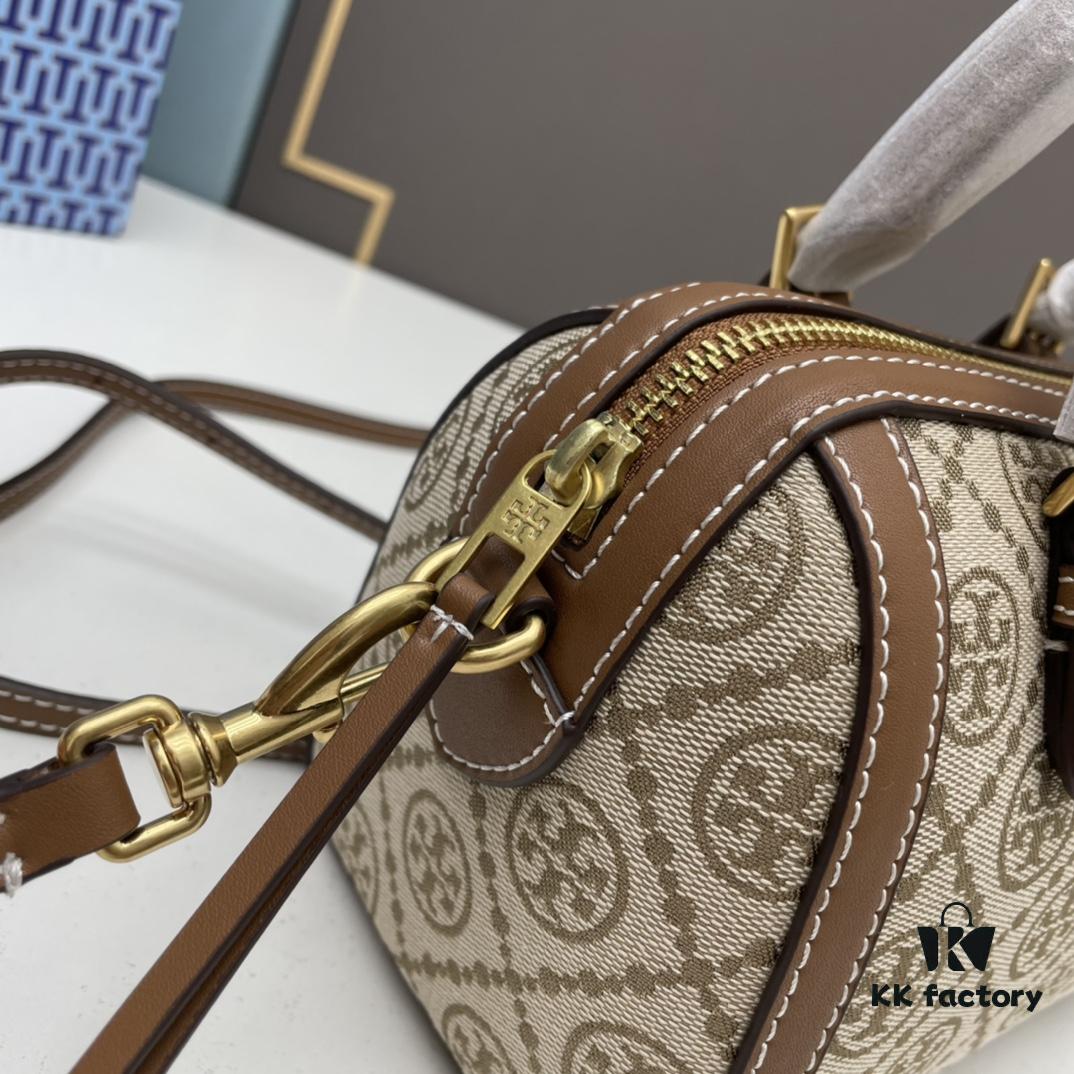6930afda6e68136f4d9ad4f6 Tory Burch T Monogram Mini Jacquard Barrel Bag in Small, Hazel Brown