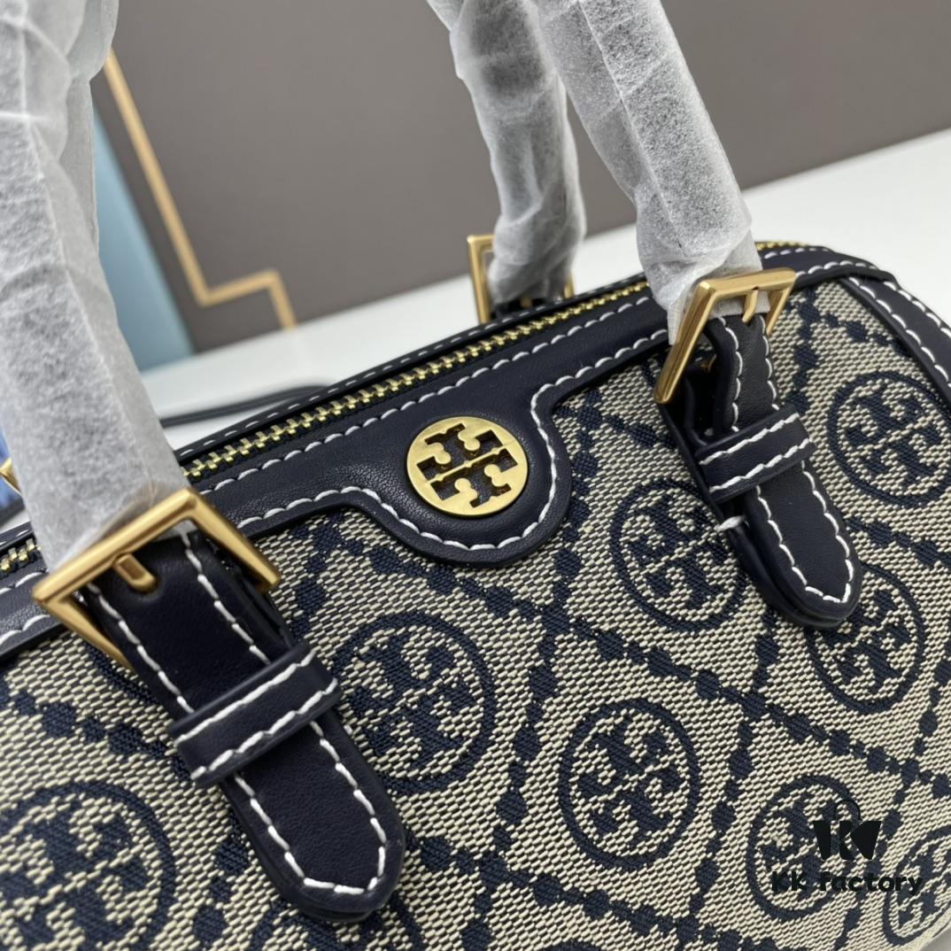 6930afde6e68136f4d9ad4fe TORY BURCH T Monogram Mini Jacquard Barrel Bag in Hazelnut Brown