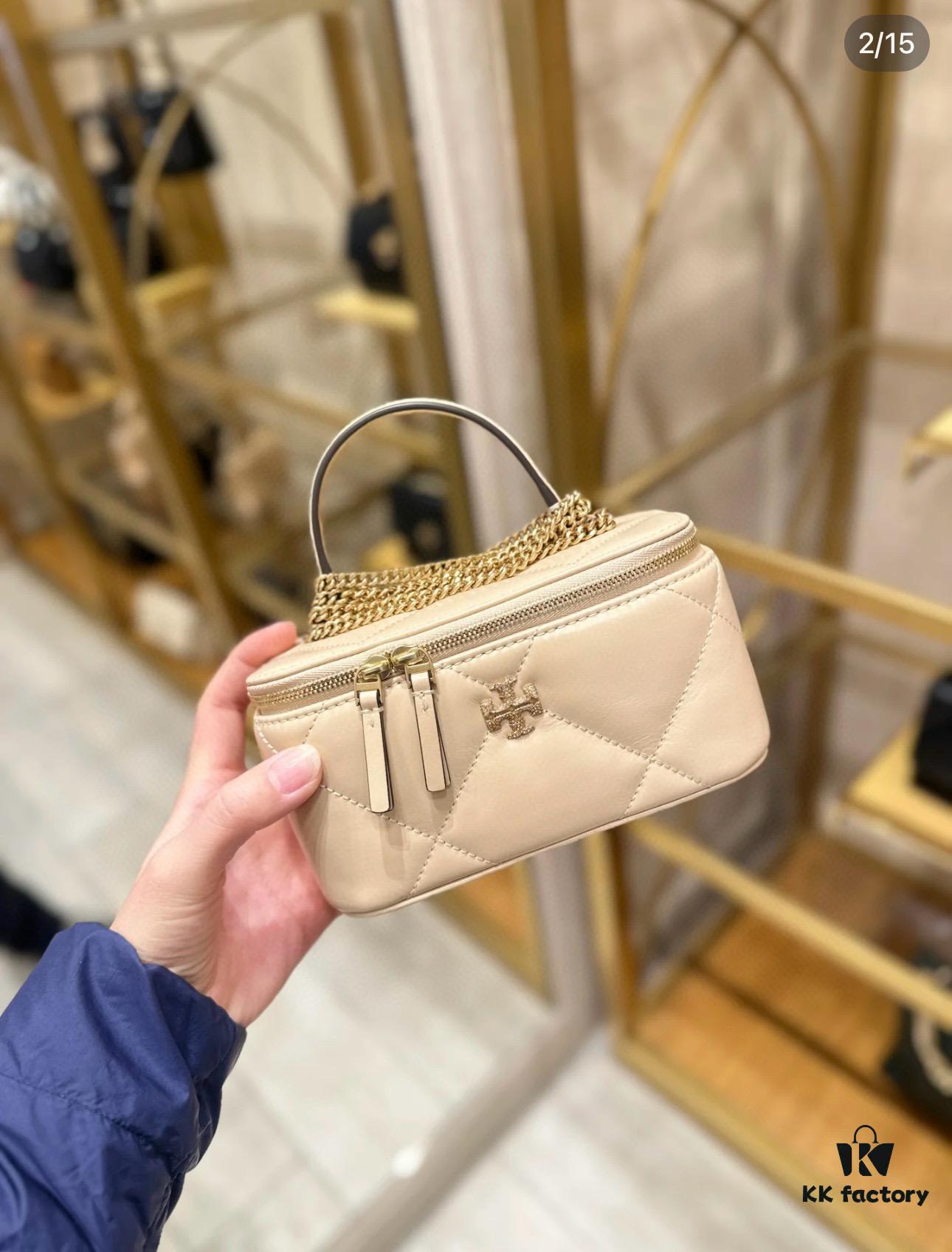 6930afeb6e68136f4d9ad518 Tory Burch New Kira Cosmetic Box Bag, Soft and Durable Calfskin with Quilted Diamond Stitching, Detachable Strap for Shoulder, Crossbody or Handheld Wear