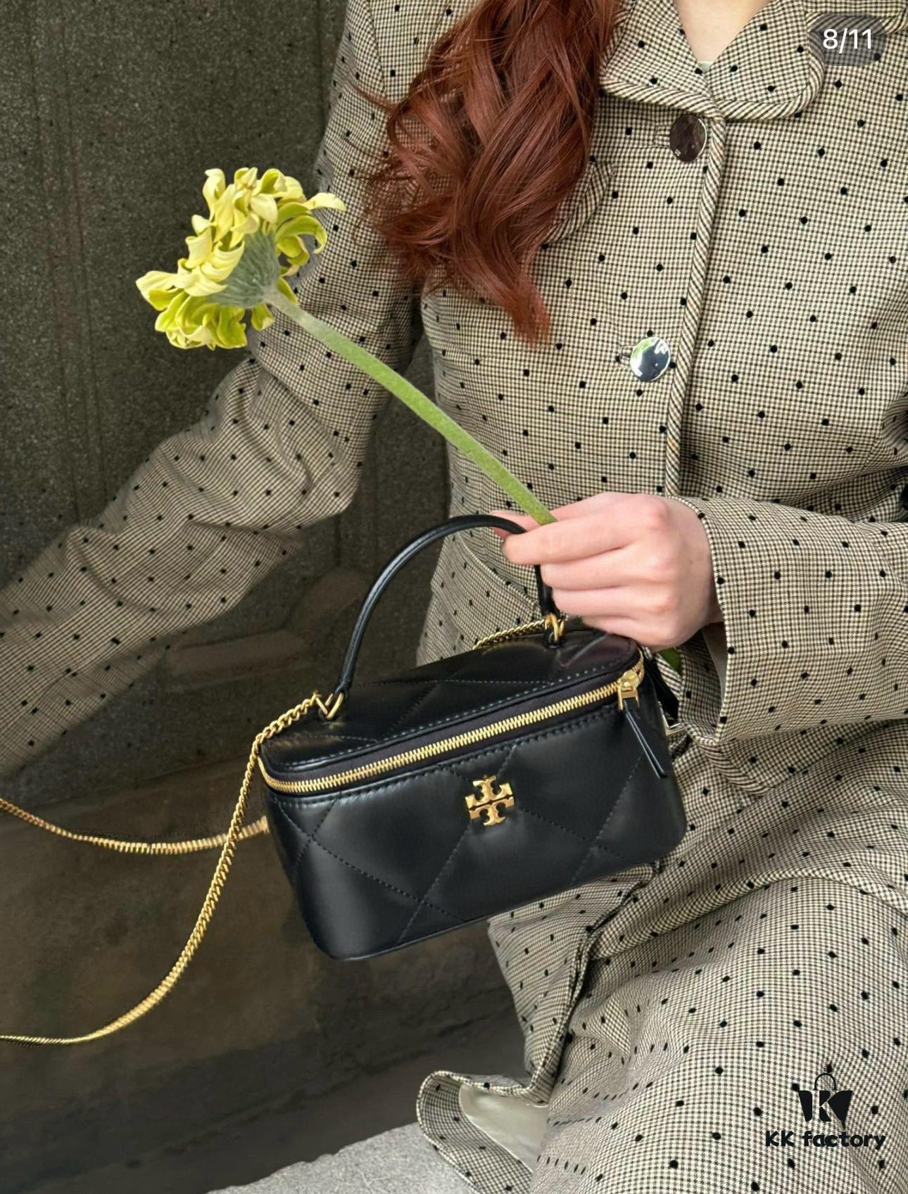 6930afed6e68136f4d9ad51d Tory Burch New Kira Cosmetic Box Bag, Soft and Durable Calfskin with Quilted Diamond Stitching, Detachable Strap for Shoulder, Crossbody or Handheld Wear
