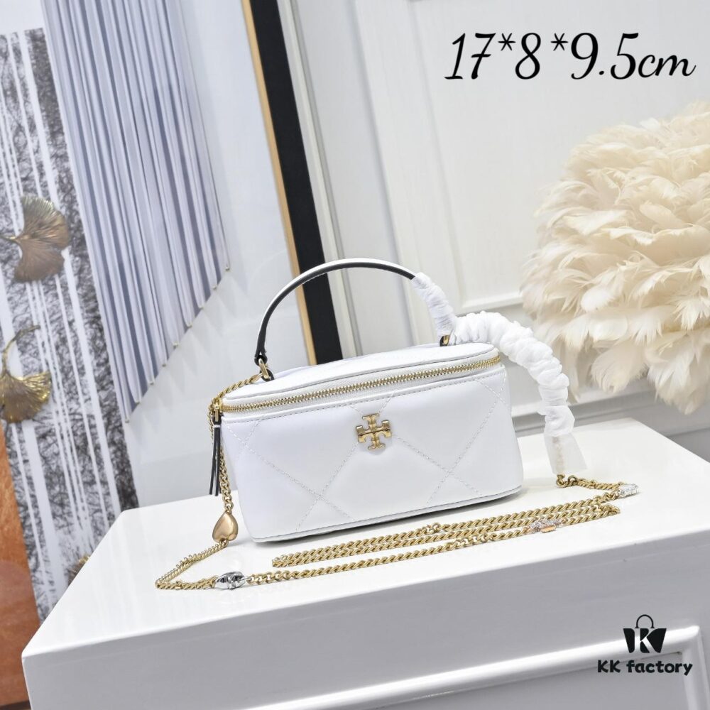 Tory Burch New Kira Cosmetic Box Bag, Soft and Durable Calfskin with Diamond Quilting, Detachable Strap, Double T Logo Hardware