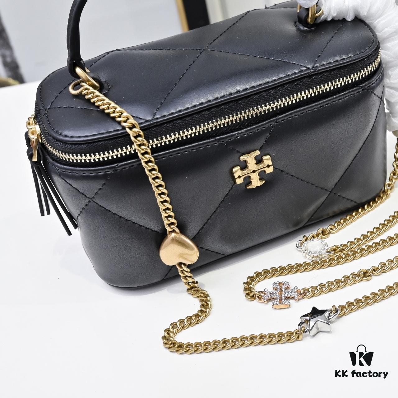 6930aff26e68136f4d9ad527 Tory Burch New Kira Makeup Box Bag, Soft and Durable Calfskin with Quilted Diamond Stitching, Detachable Strap for Crossbody, Shoulder or Handheld Wear