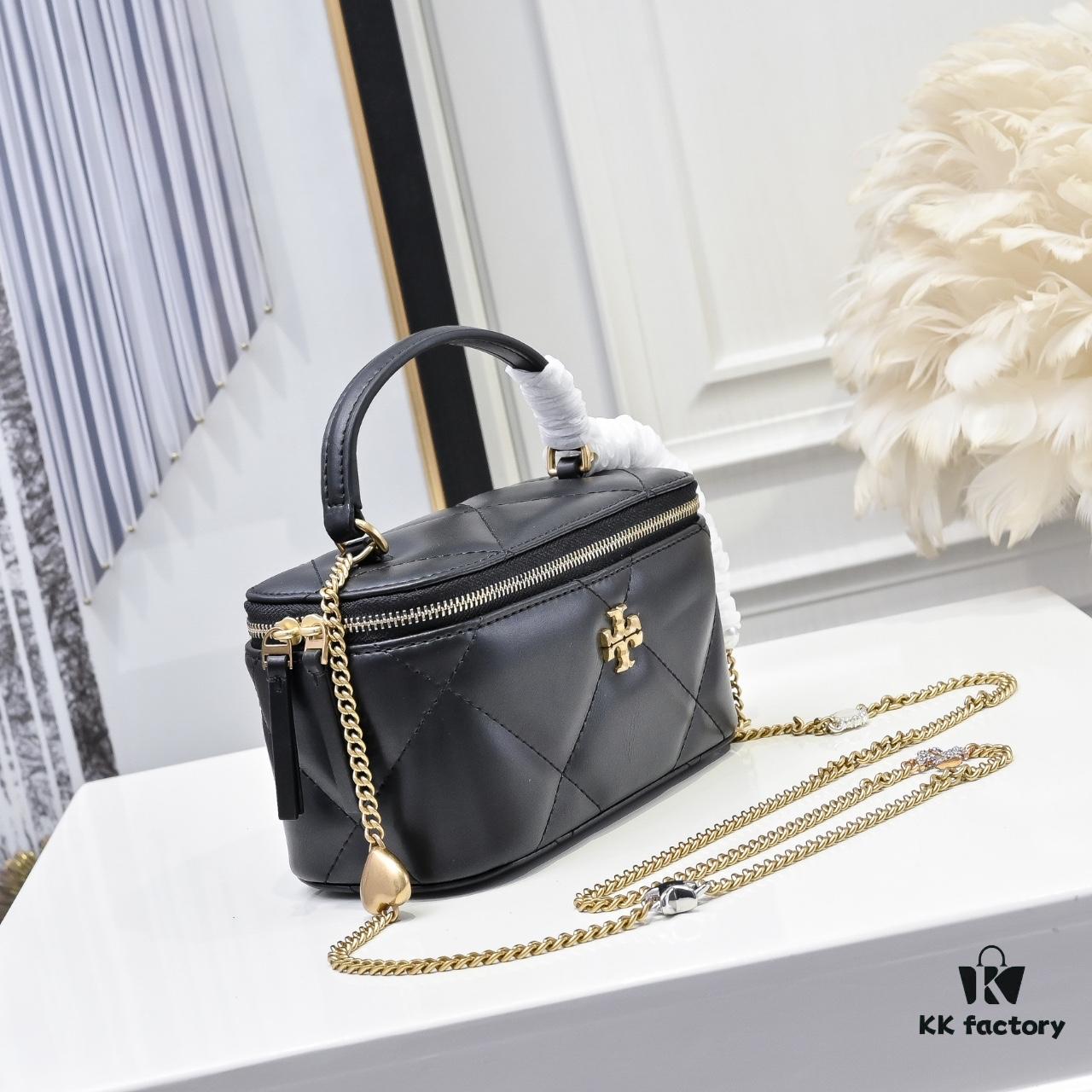 6930aff76e68136f4d9ad52e Tory Burch New Kira Makeup Box Bag, Soft and Durable Calfskin with Quilted Diamond Stitching, Detachable Strap for Crossbody, Shoulder or Handheld Wear