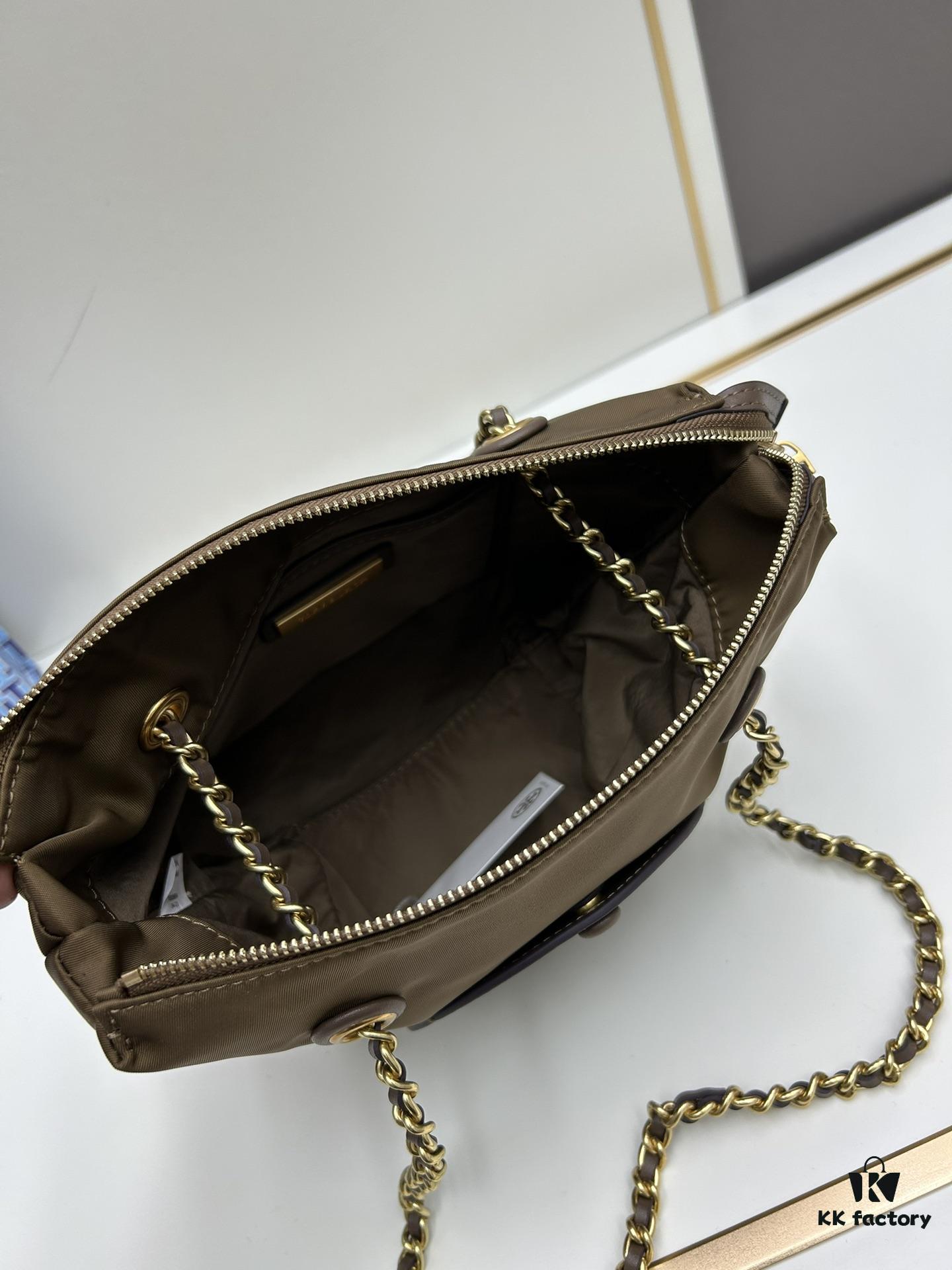 Tory Burch Ella Small Nylon Crossbody Bag – Lightweight Regenerated Nylon with Woven Chain Strap