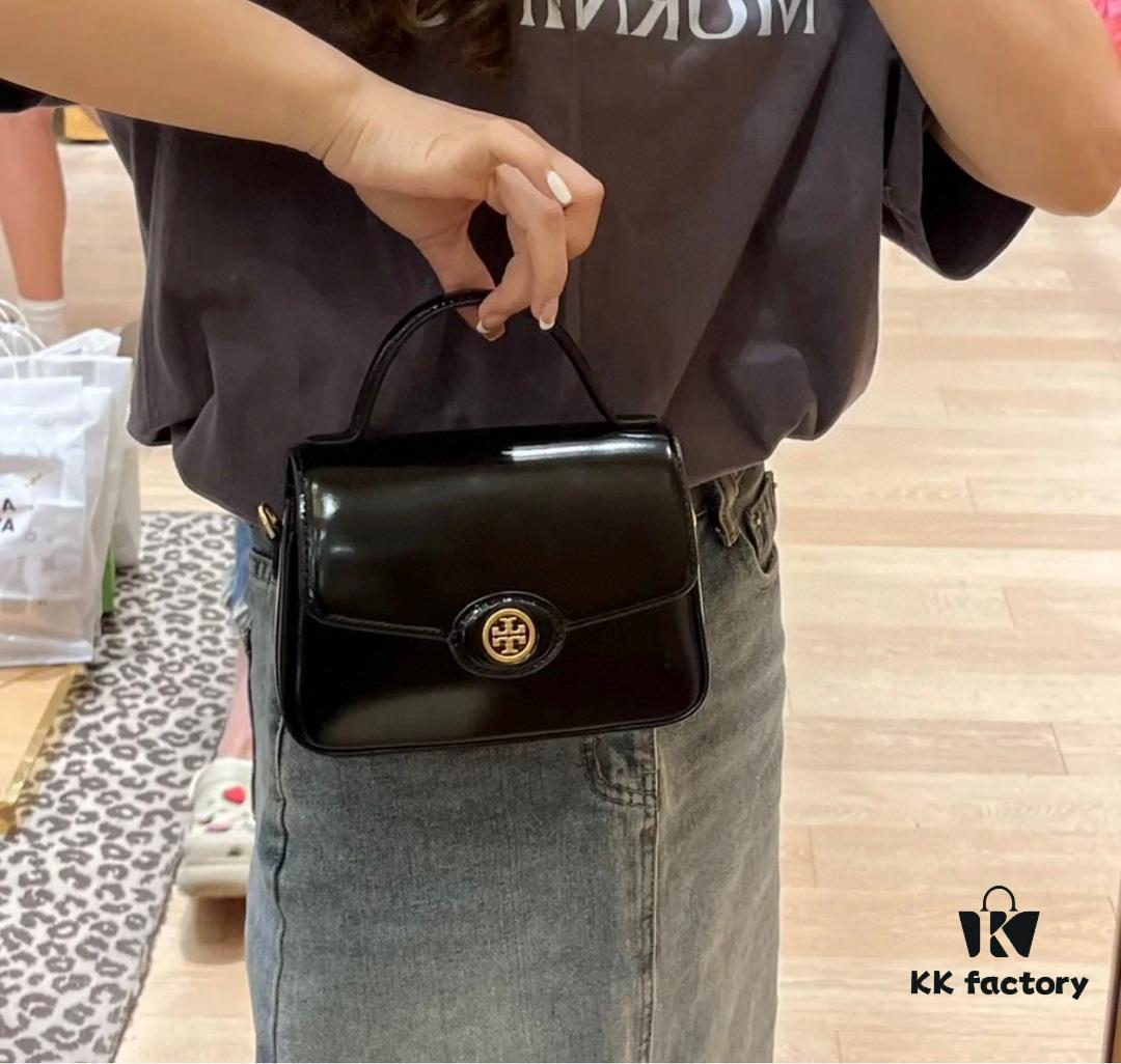 6930b1966e68136f4d9ad7f6 New TORY BURCH Robinson Series Patent Leather Motorcycle Bag – Classic Foldover Handbag with Multiple Carrying Options