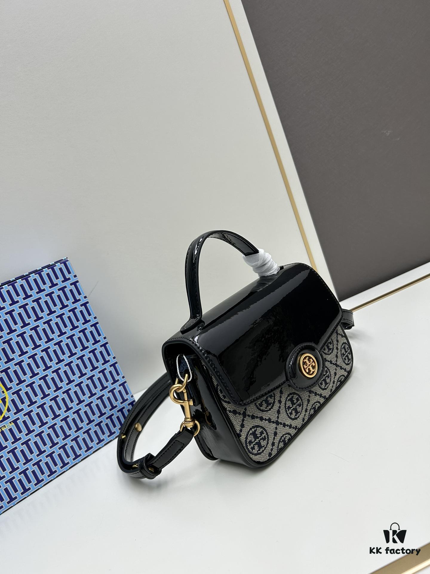 New TORY BURCH Robinson Series Patent Leather Motorcycle Bag – Classic Foldover Handbag with Detachable Strap