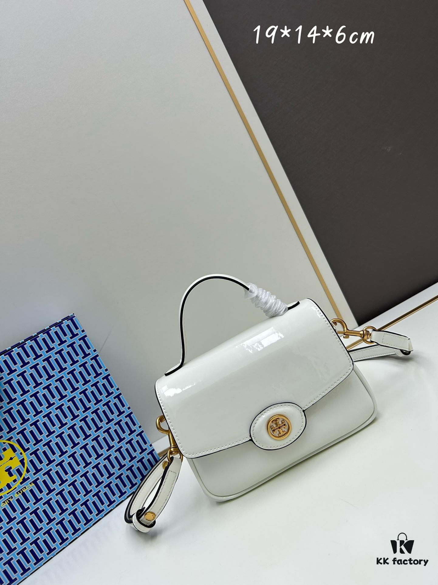 6930b19c6e68136f4d9ad7ff New TORY BURCH Robinson Series Patent Leather Biker Bag – Smooth Shiny Finish, Suede Lining, Brass Hardware, Magnetic Snap Closure, Multi-Wear Handle & Strap