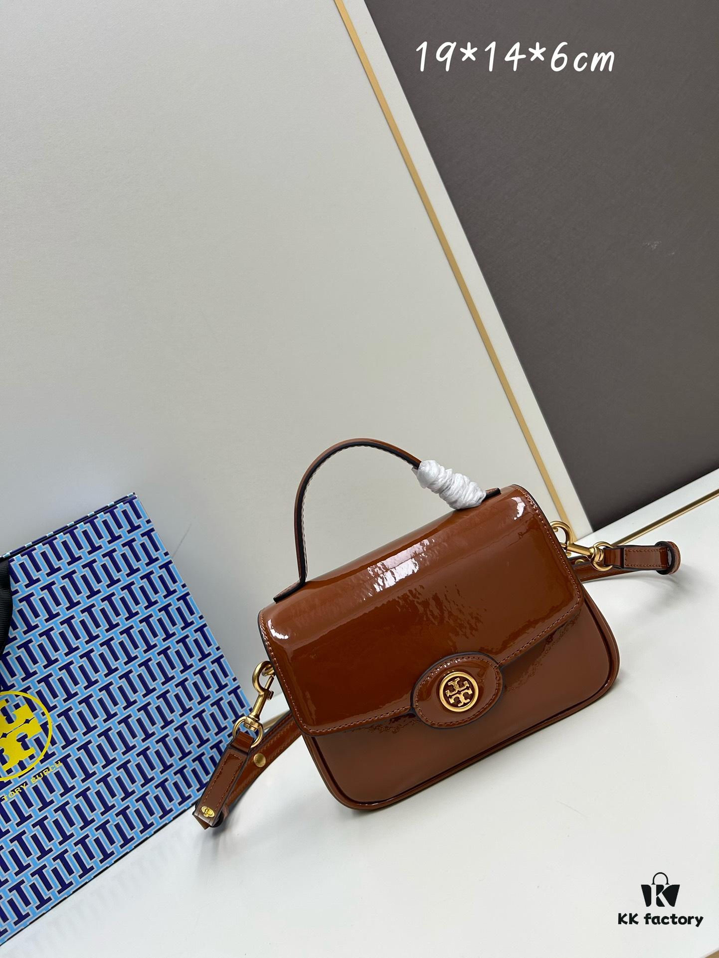 6930b19d6e68136f4d9ad801 New TORY BURCH Robinson Series Patent Leather Biker Bag – Smooth Shiny Finish, Suede Lining, Brass Hardware, Magnetic Snap Closure, Multi-Wear Handle & Strap