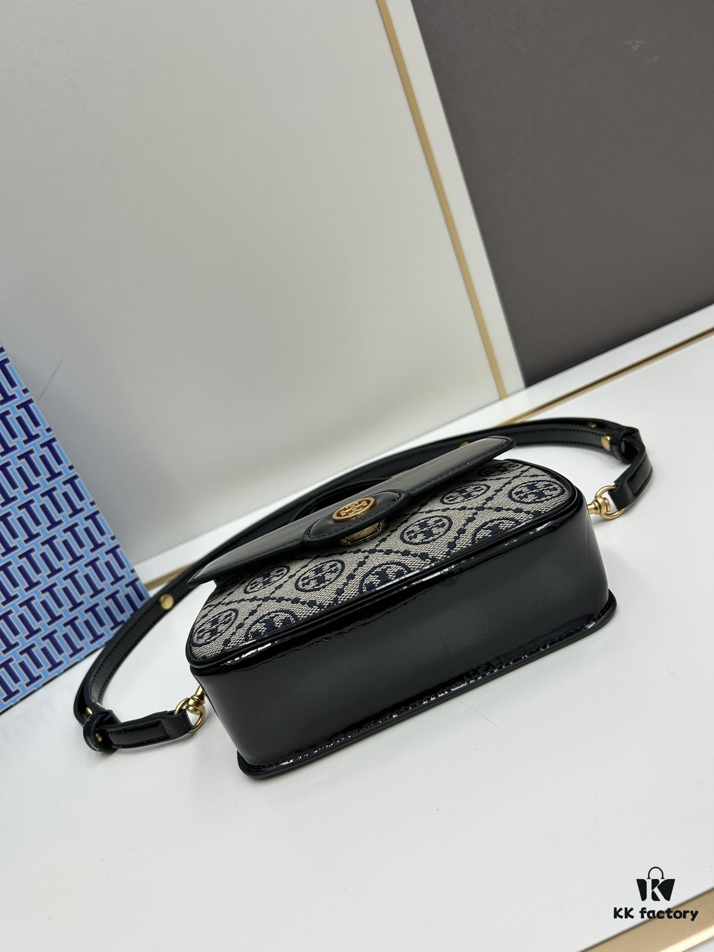 New TORY BURCH Robinson Series Patent Leather Motorcycle Bag – Classic Foldover Handbag with Detachable Strap