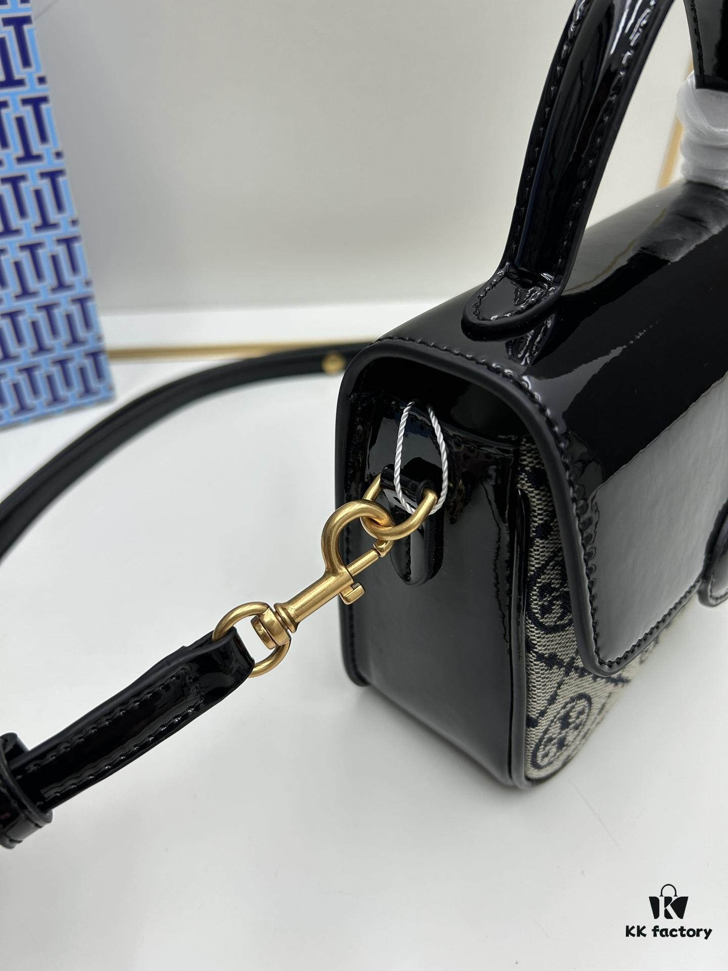 New TORY BURCH Robinson Series Patent Leather Motorcycle Bag – Classic Foldover Handbag with Detachable Strap