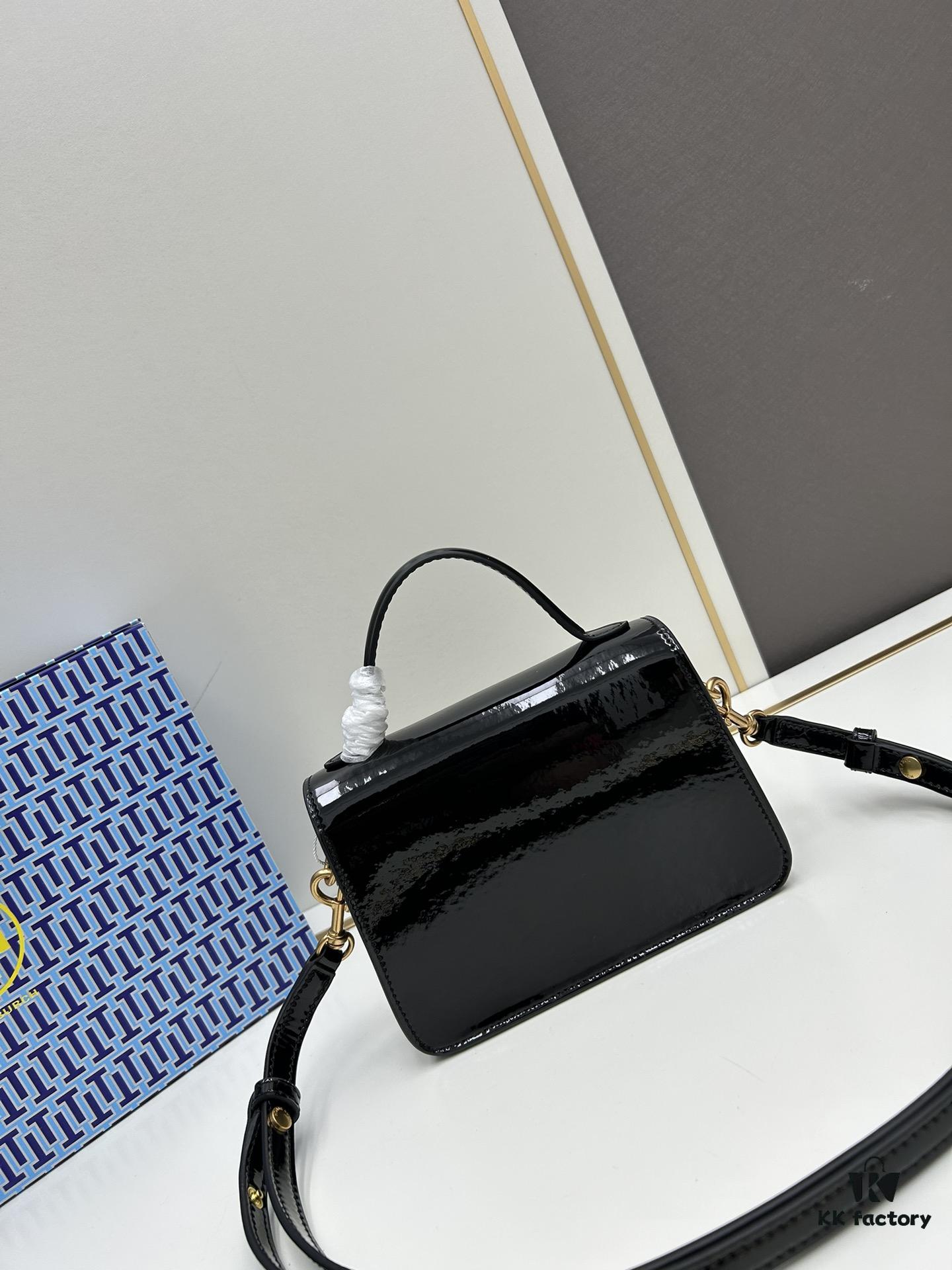 6930b1a26e68136f4d9ad809 New TORY BURCH Robinson Series Patent Leather Biker Bag – Smooth Shiny Finish, Suede Lining, Brass Hardware, Magnetic Snap Closure, Multi-Wear Handle