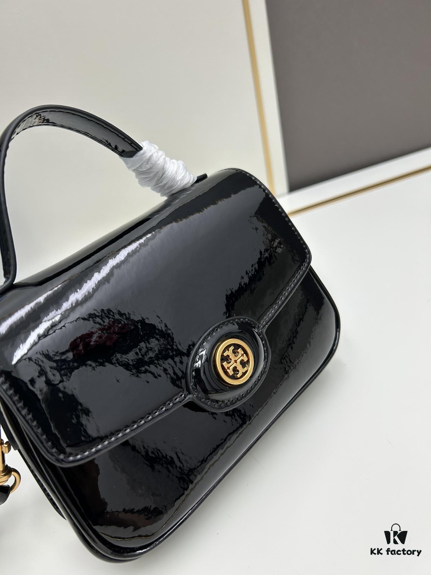 6930b1a36e68136f4d9ad80a New TORY BURCH Robinson Series Patent Leather Biker Bag – Smooth Shiny Finish, Suede Lining, Brass Hardware, Magnetic Snap Closure, Multi-Wear Handle