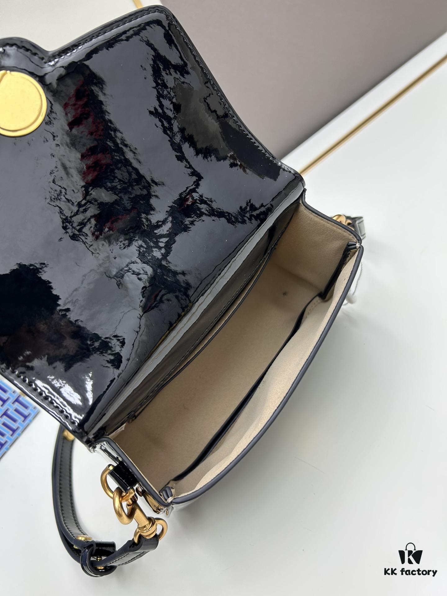 6930b1a36e68136f4d9ad80b New TORY BURCH Robinson Series Patent Leather Biker Bag – Smooth Shiny Finish, Suede Lining, Brass Hardware, Magnetic Snap Closure, Multi-Wear Handle