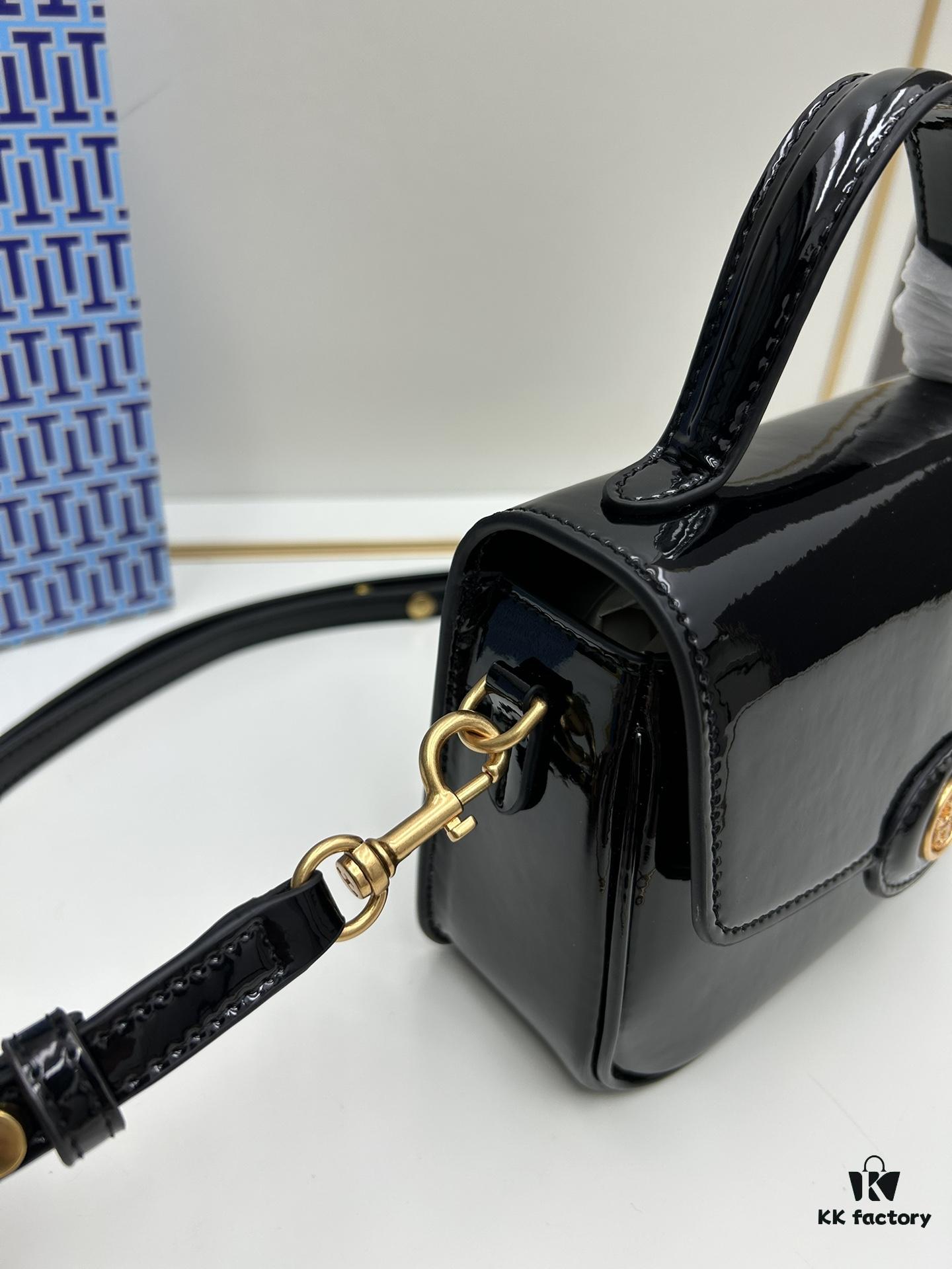 6930b1a36e68136f4d9ad80c New TORY BURCH Robinson Series Patent Leather Biker Bag – Smooth Shiny Finish, Suede Lining, Brass Hardware, Magnetic Snap Closure, Multi-Wear Handle