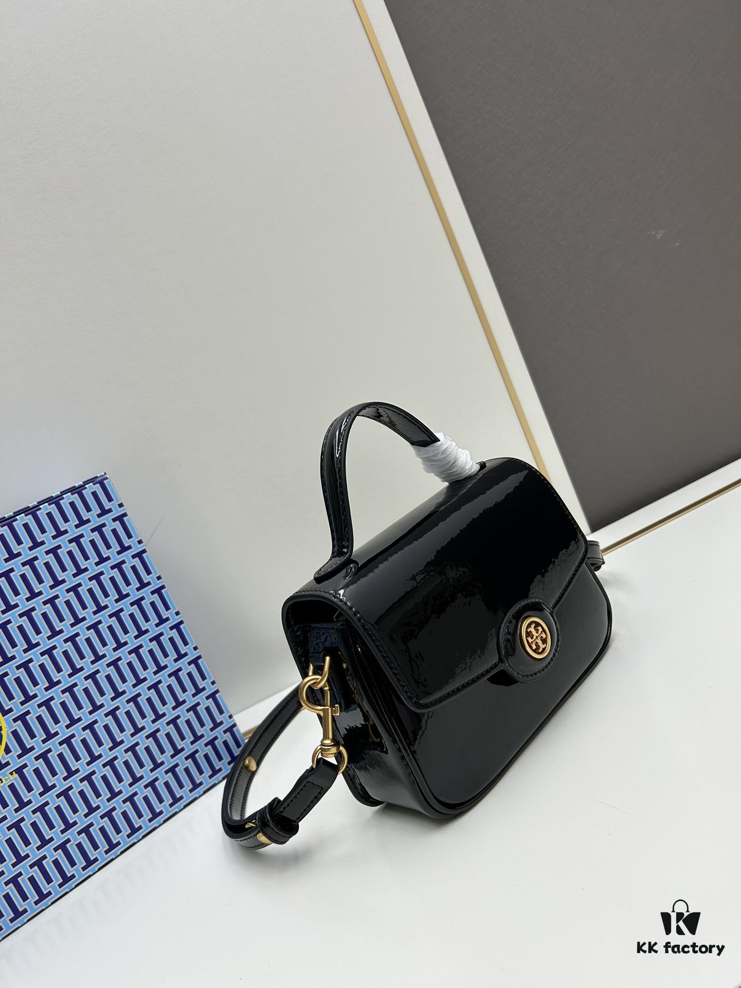 6930b1a66e68136f4d9ad80e New TORY BURCH Robinson Series Patent Leather Biker Bag – Smooth Shiny Finish, Suede Lining, Brass Hardware, Magnetic Snap Closure, Multi-Wear Handle