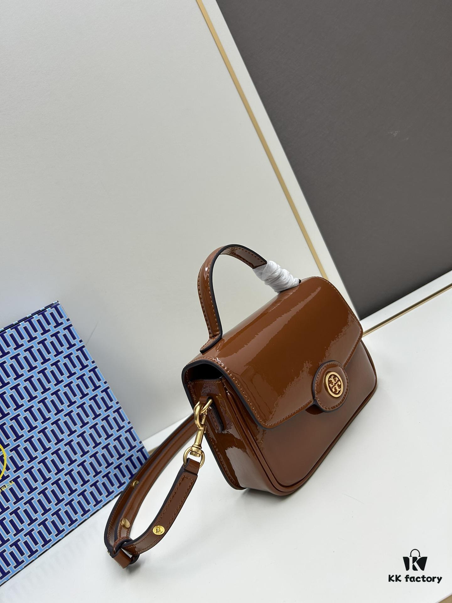 6930b1a76e68136f4d9ad810 New TORY BURCH Robinson Series Patent Leather Motorcycle Bag – Classic Foldover Handbag with Multiple Carrying Options