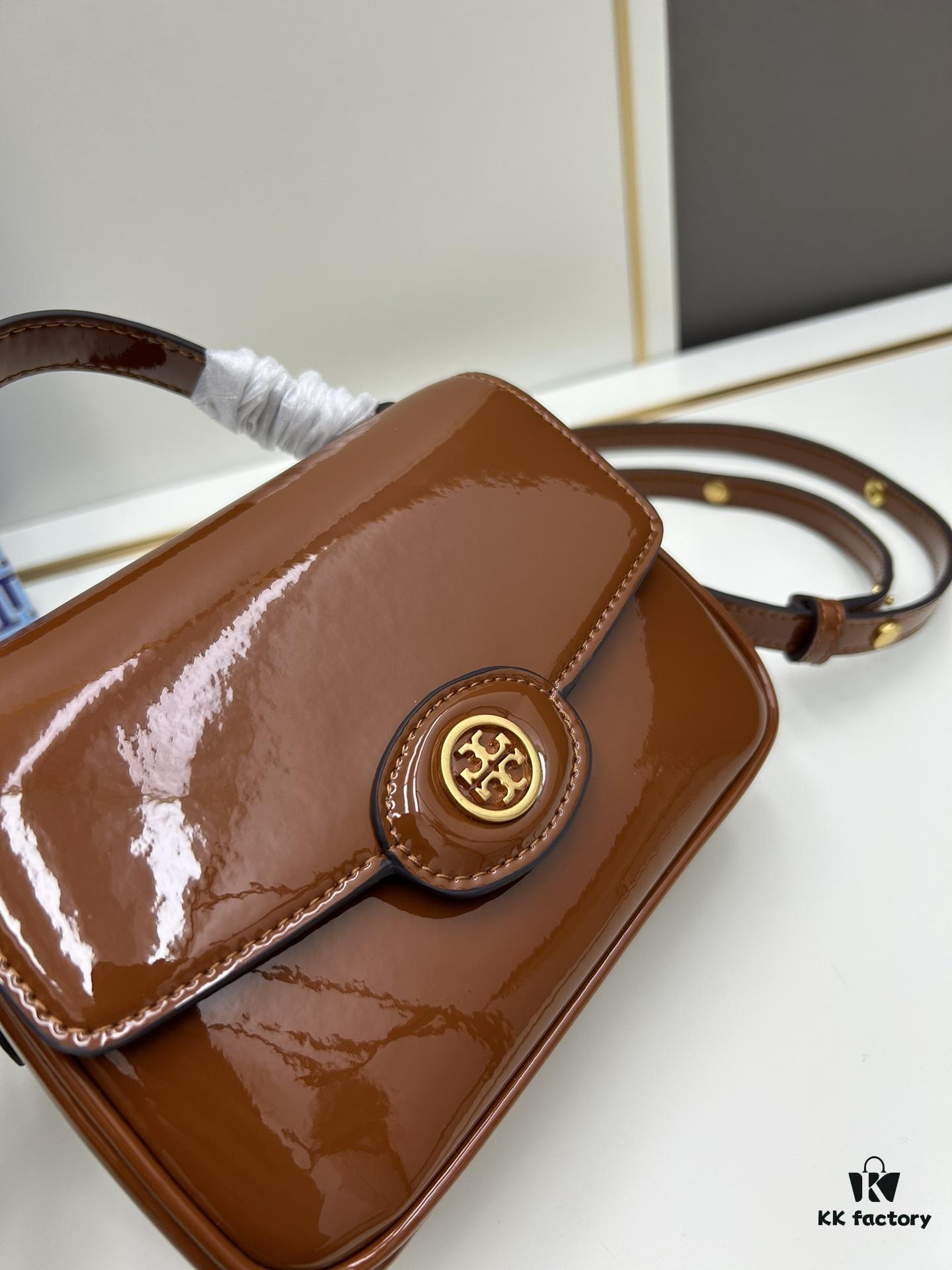 6930b1a96e68136f4d9ad813 New TORY BURCH Robinson Series Patent Leather Motorcycle Bag – Classic Foldover Handbag with Multiple Carrying Options