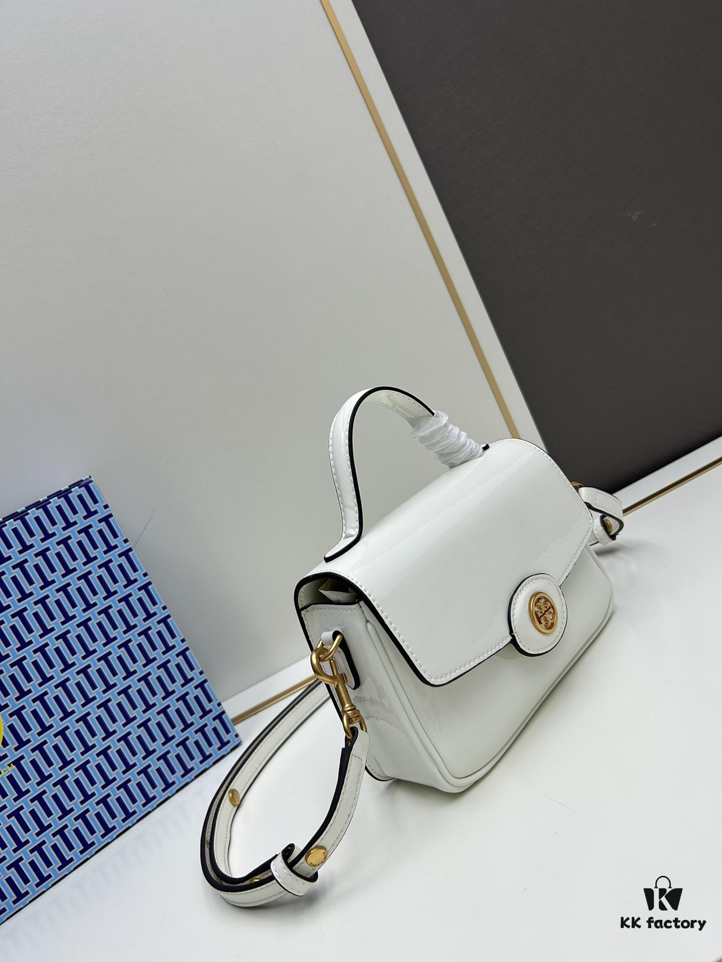 6930b1ac6e68136f4d9ad815 New TORY BURCH Robinson Series Patent Leather Biker Bag – Smooth Shiny Finish, Suede Lining, Brass Hardware, Magnetic Snap Closure, Multi-Wear Handle