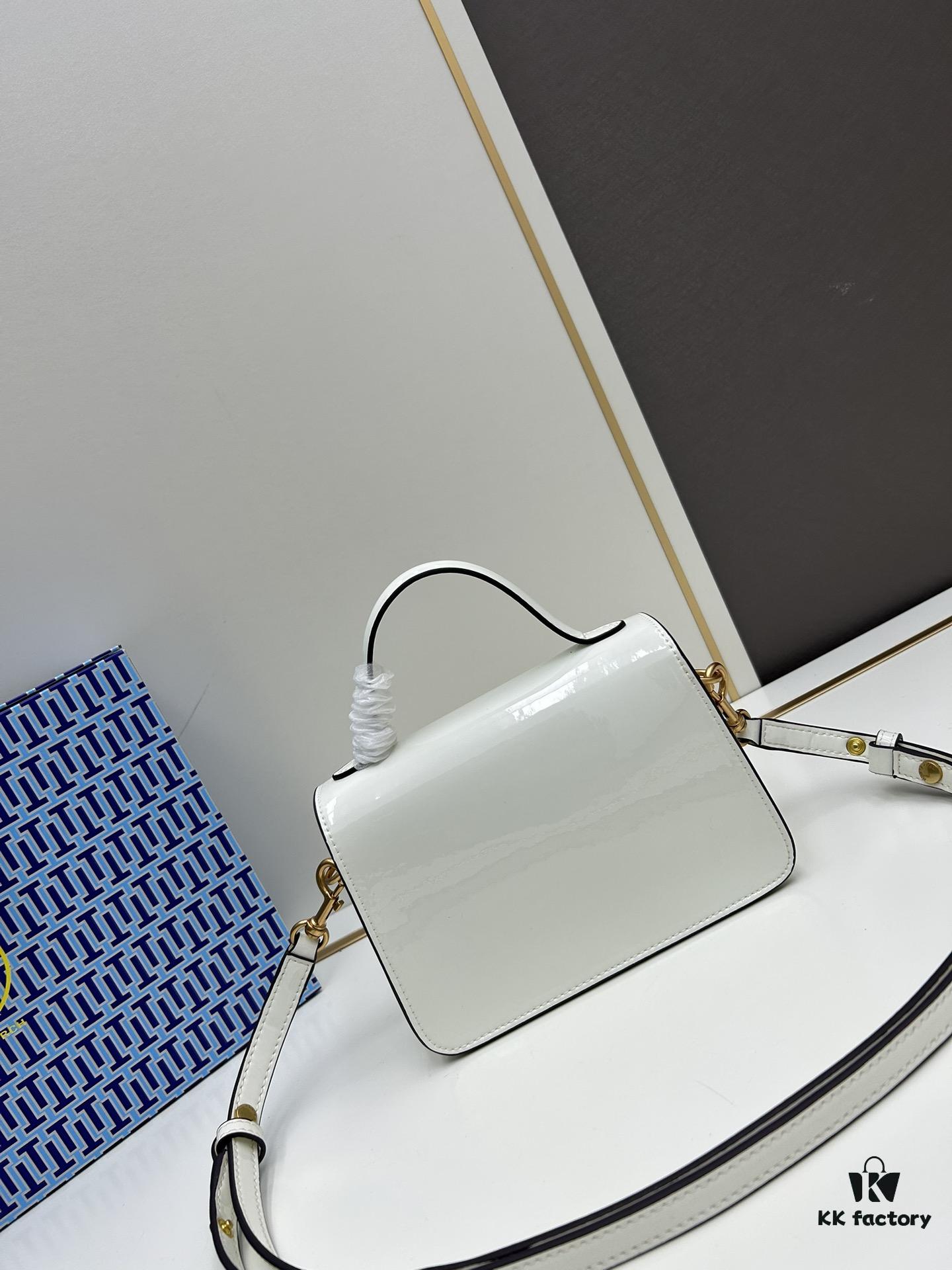 6930b1ad6e68136f4d9ad818 New TORY BURCH Robinson Series Patent Leather Biker Bag – Smooth Shiny Finish, Suede Lining, Brass Hardware, Magnetic Snap Closure, Multi-Wear Handle