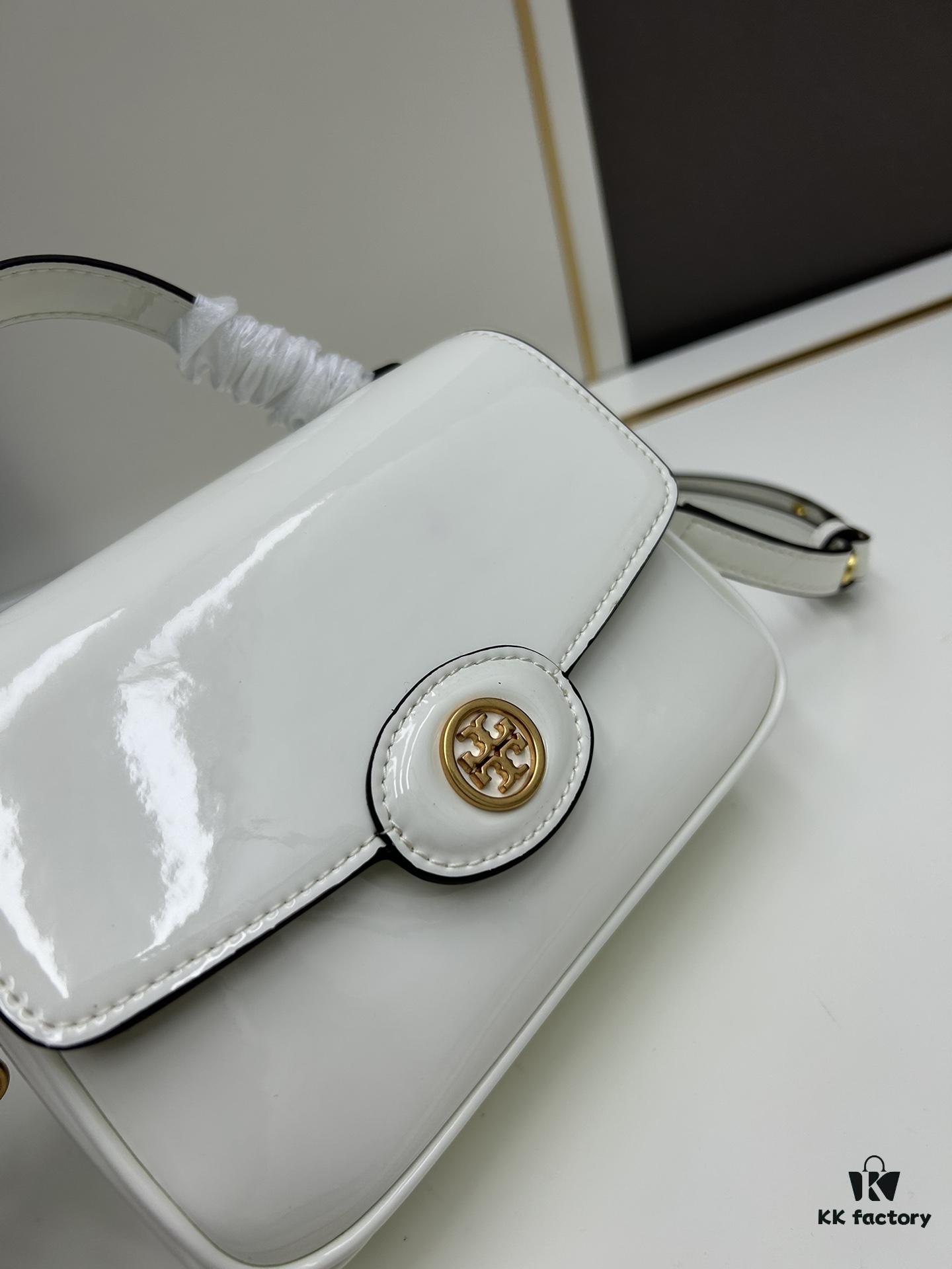 6930b1ae6e68136f4d9ad819 New TORY BURCH Robinson Series Patent Leather Biker Bag – Smooth Shiny Finish, Suede Lining, Brass Hardware, Magnetic Snap Closure, Multi-Wear Handle
