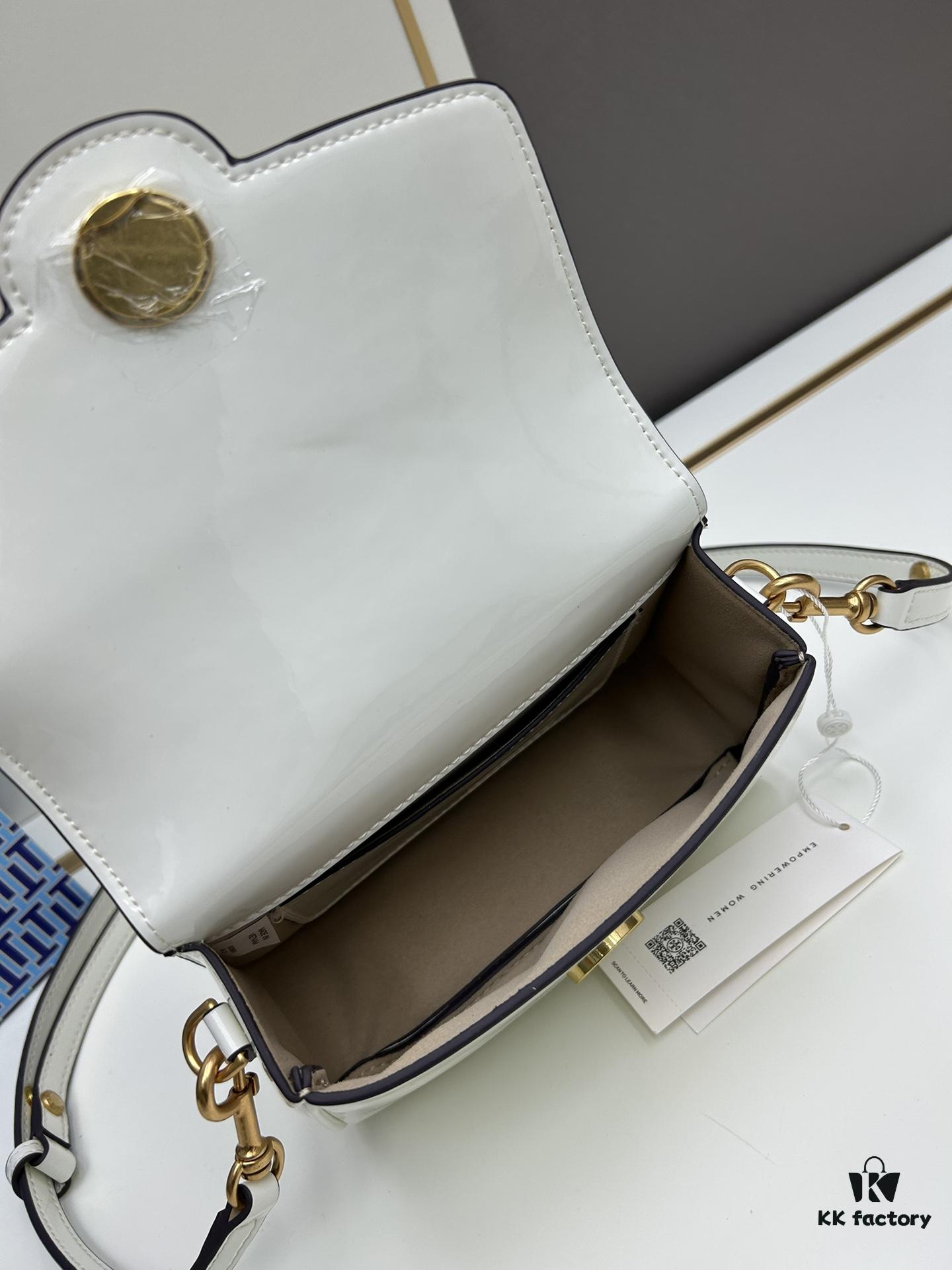 6930b1af6e68136f4d9ad81b New TORY BURCH Robinson Series Patent Leather Biker Bag – Smooth Shiny Finish, Suede Lining, Brass Hardware, Magnetic Snap Closure, Multi-Wear Handle