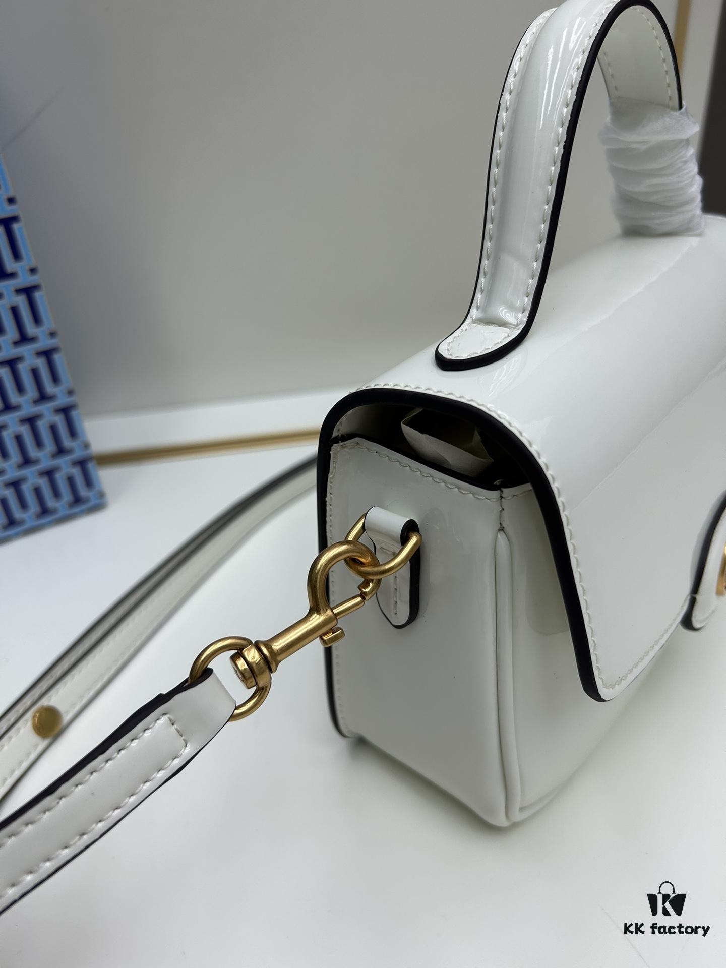 6930b1b06e68136f4d9ad81d New TORY BURCH Robinson Series Patent Leather Biker Bag – Smooth Shiny Finish, Suede Lining, Brass Hardware, Magnetic Snap Closure, Multi-Wear Handle