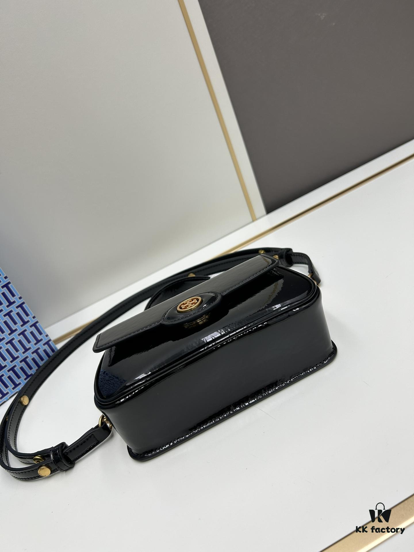 6930b1b16e68136f4d9ad81e New TORY BURCH Robinson Series Patent Leather Biker Bag – Smooth Shiny Finish, Suede Lining, Brass Hardware, Magnetic Snap Closure, Multi-Wear Handle