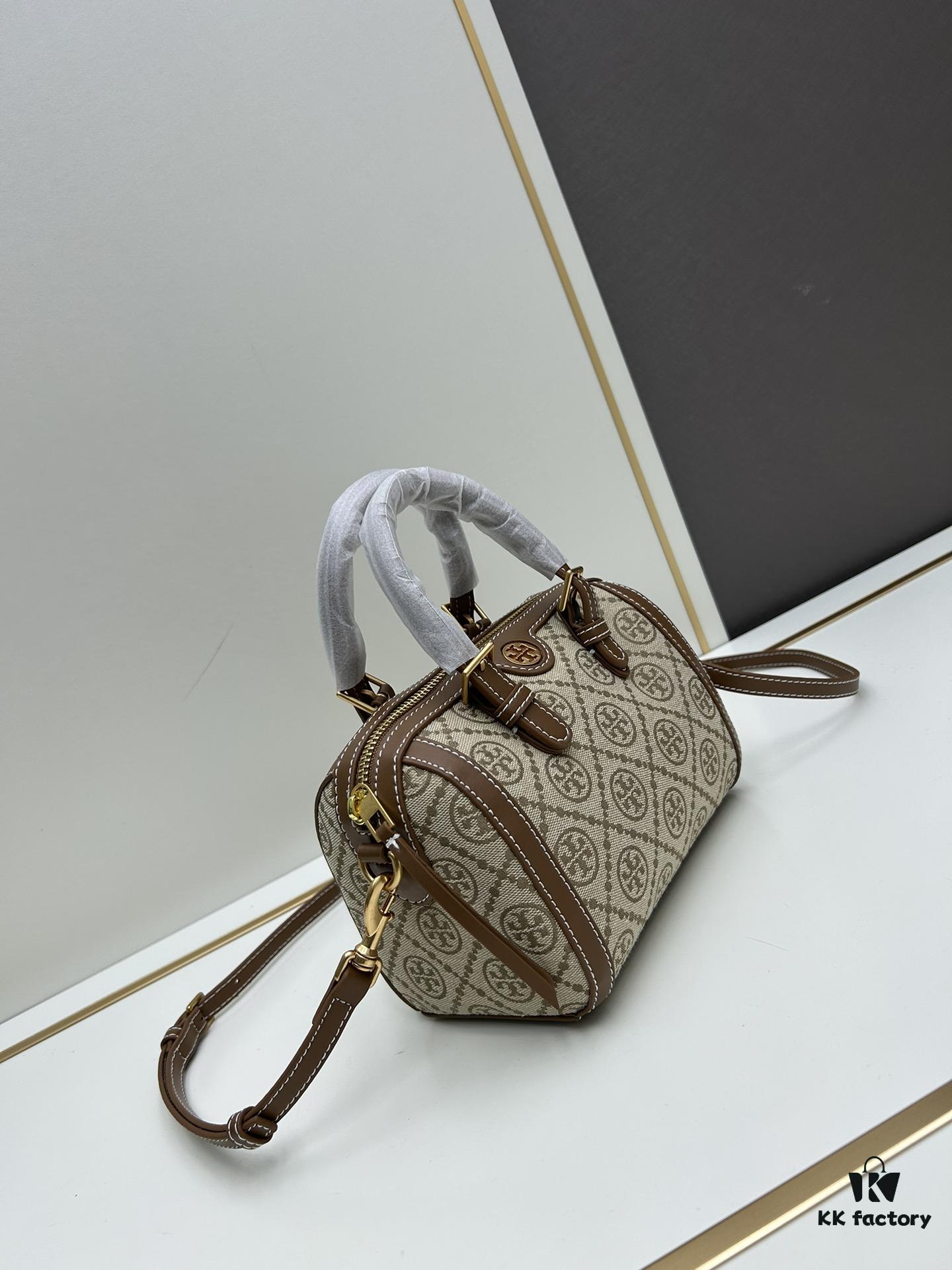 Small [New Arrival, Attention to Detail] TORY BURCH T Monogram Mini Jacquard Barrel Bag in Hazel Brown