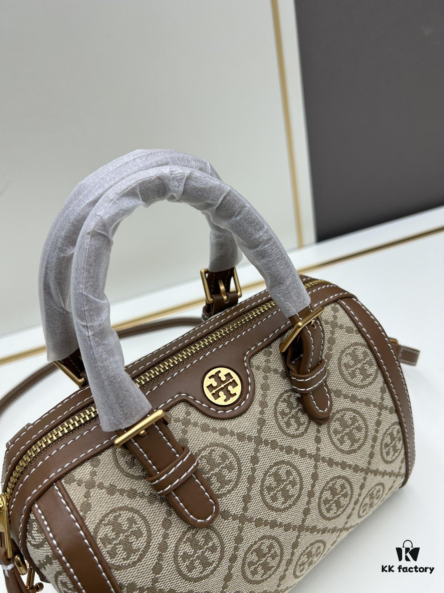 Small [New Arrival, Attention to Detail] TORY BURCH T Monogram Mini Jacquard Barrel Bag in Hazel Brown