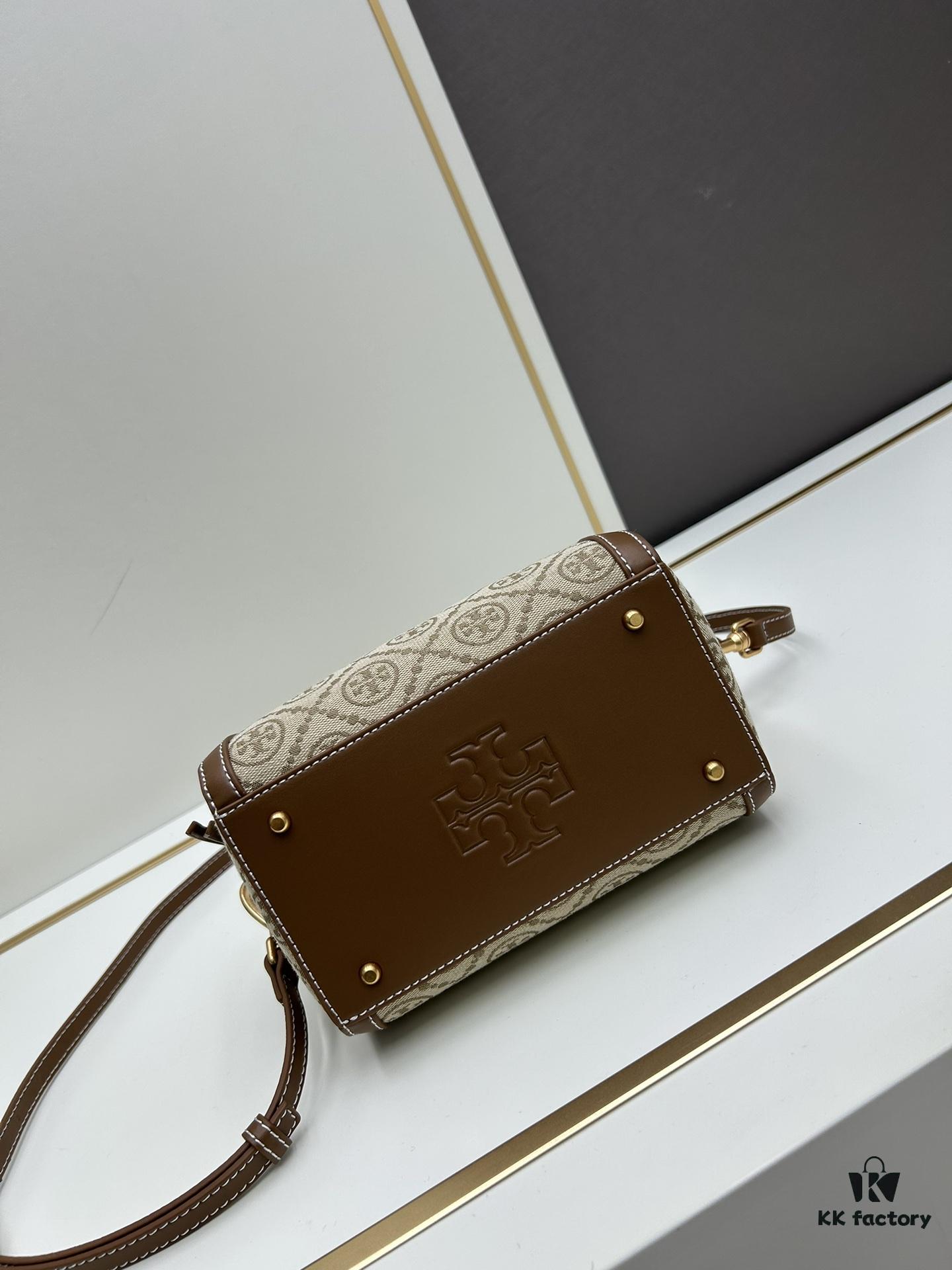 Small [New Arrival, Attention to Detail] TORY BURCH T Monogram Mini Jacquard Barrel Bag in Hazel Brown