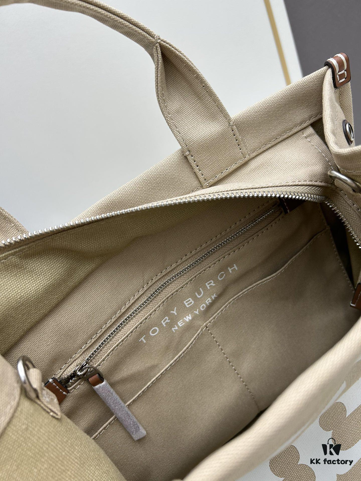 6930b1fb6e68136f4d9ad89a TORY BURCH Ella Canvas Tote Bag with Printed Logo, Zip Closure, Women's Shoulder Handbag from the Canvas Collection