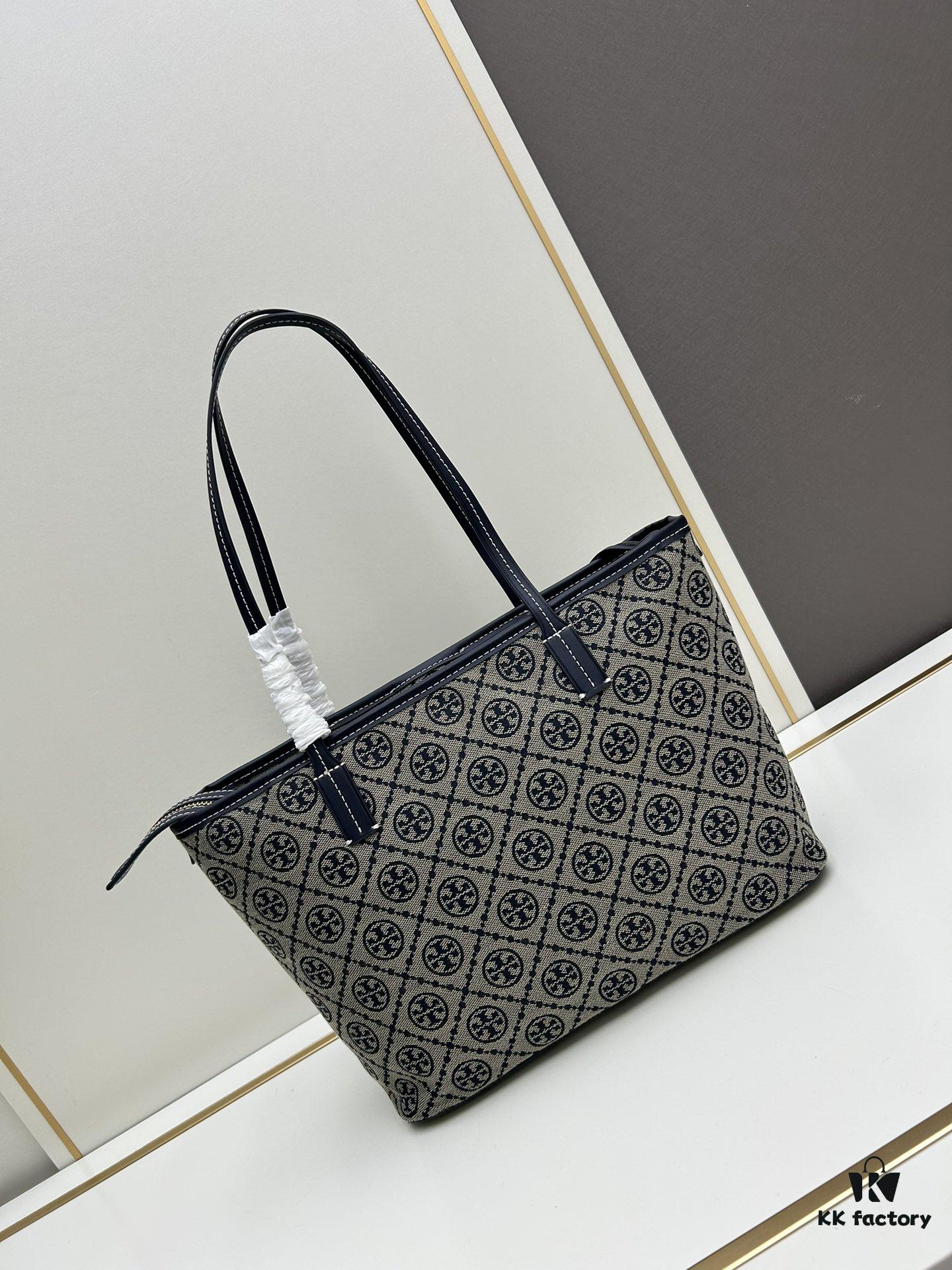 6930b2136e68136f4d9ad8c2 Tory Burch Small Monogram Tote Bag with Signature Double-T Logo in Woven Jacquard Fabric