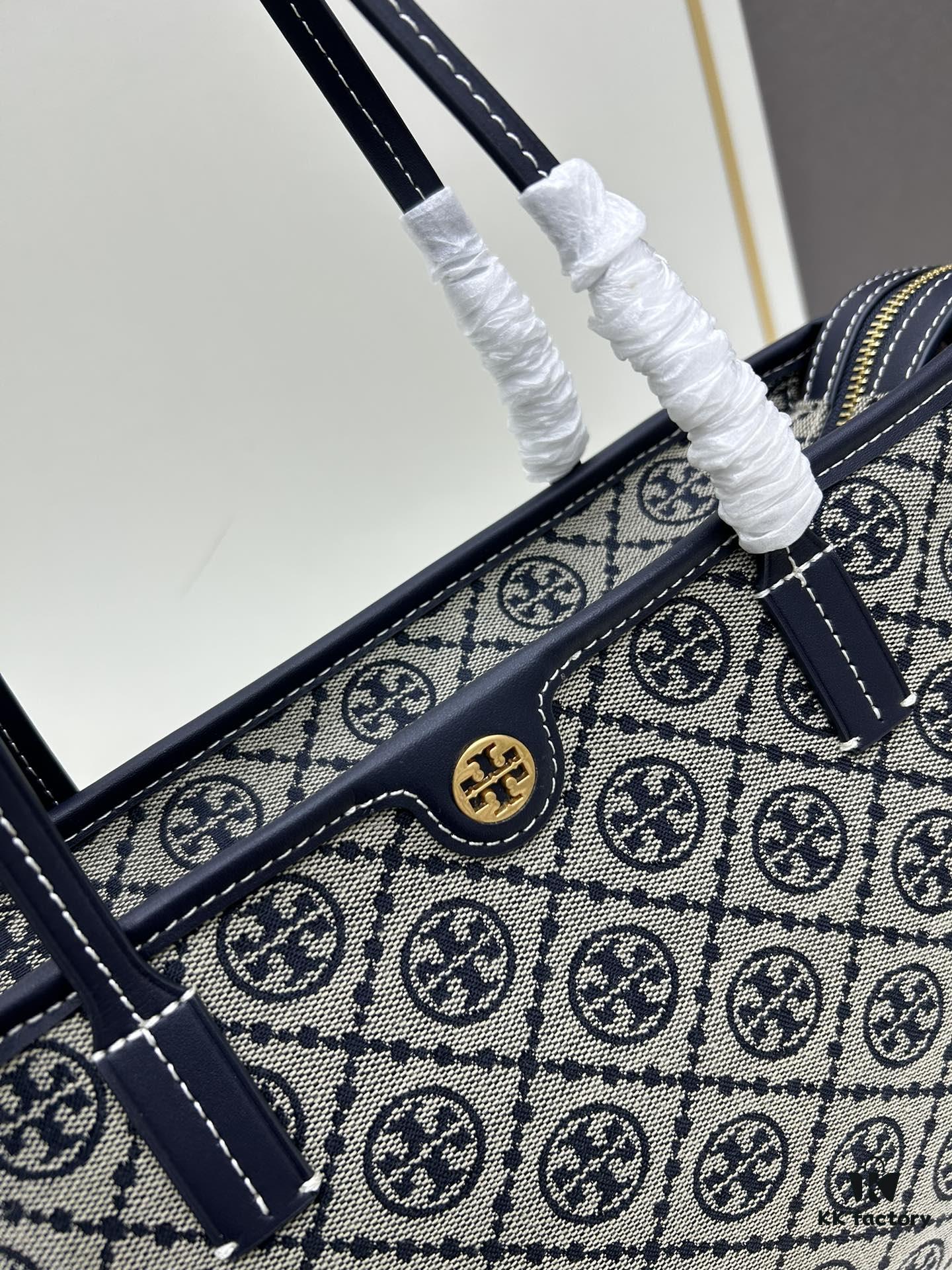 6930b21a6e68136f4d9ad8cc Tory Burch Small Monogram Tote Bag with Signature Double-T Logo in Woven Jacquard Fabric