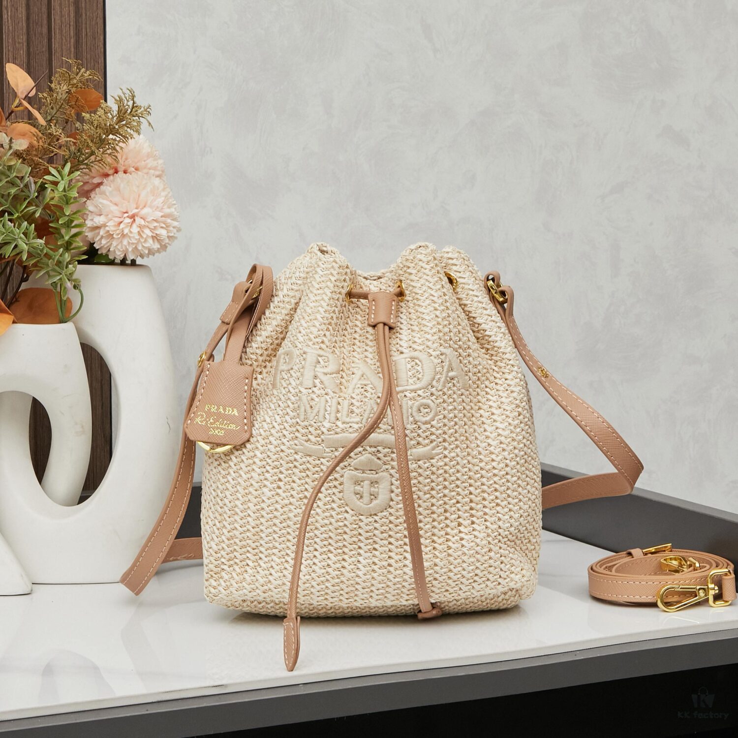 6930b3756e68136f4d9adae3 Prada Raffia Woven Bucket Bag with Box
