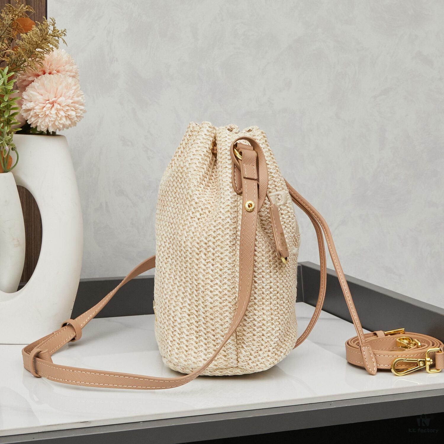 6930b3776e68136f4d9adae4 Prada Raffia Woven Bucket Bag with Box
