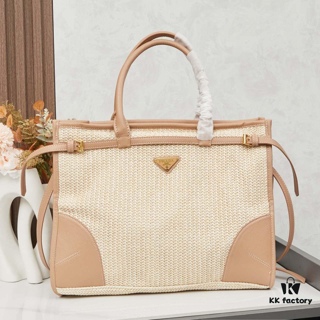 6930b3926e68136f4d9adb0a PRADA Summer It Bag – Woven Straw Tote with Italian Vegetable-Tanned Leather Trim, Size 38×30×12
