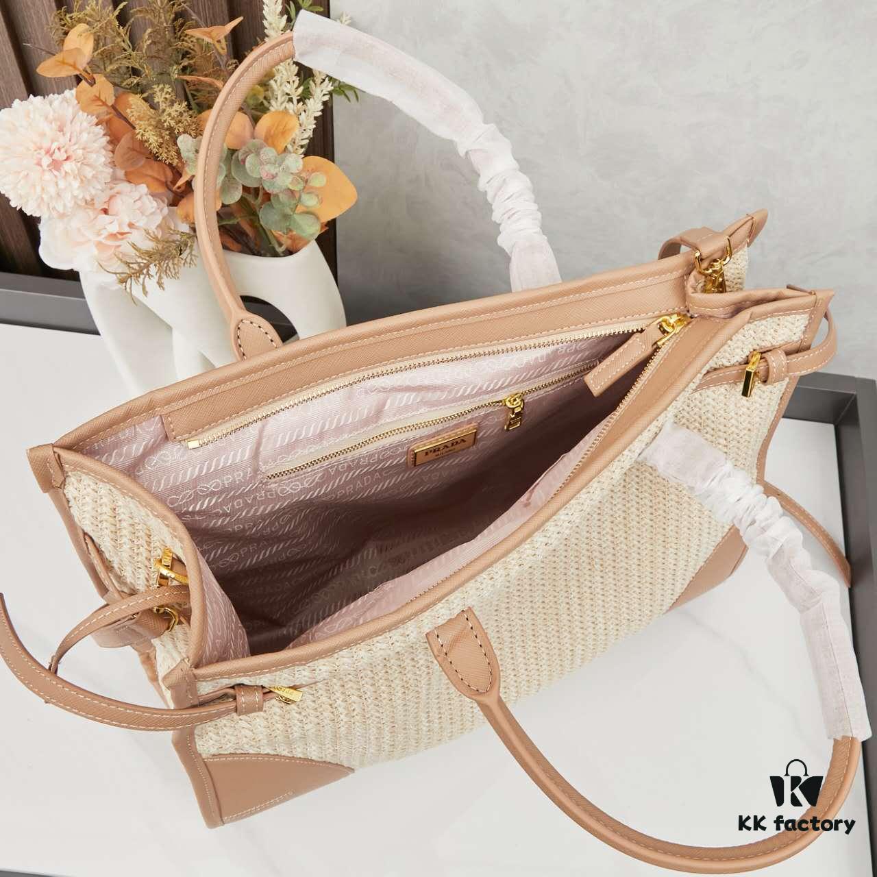 6930b3986e68136f4d9adb13 PRADA Summer It Bag – Woven Straw Tote with Italian Vegetable-Tanned Leather Trim, Size 38×30×12