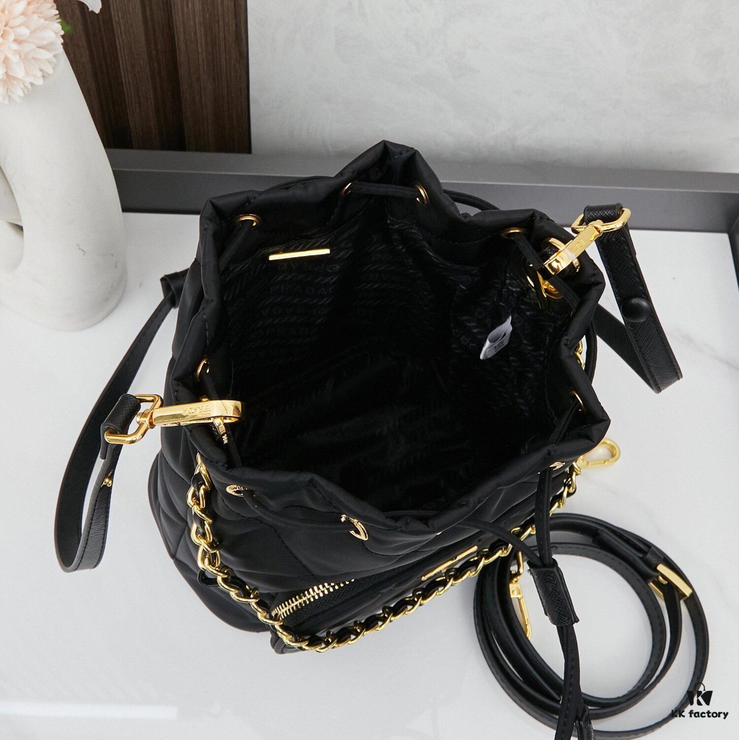 6930b3c06e68136f4d9adb4d PRADA Mini Black and Gold Bucket Bag 🧚 So Elegant~