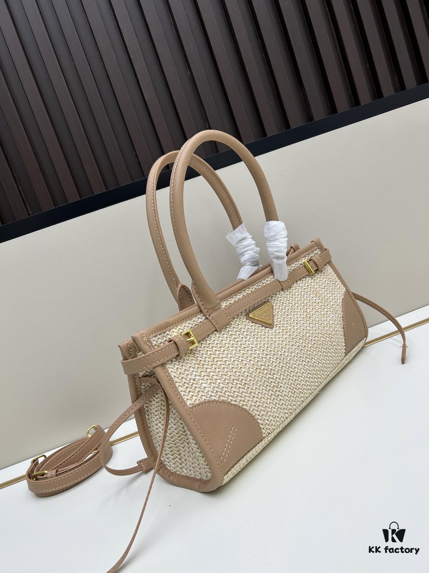 6930b4106e68136f4d9adbb0 PRADA Summer Woven Bag - Large Capacity Straw Tote with Italian Vegetable-Tanned Leather Trim, 32✕15✕11 cm